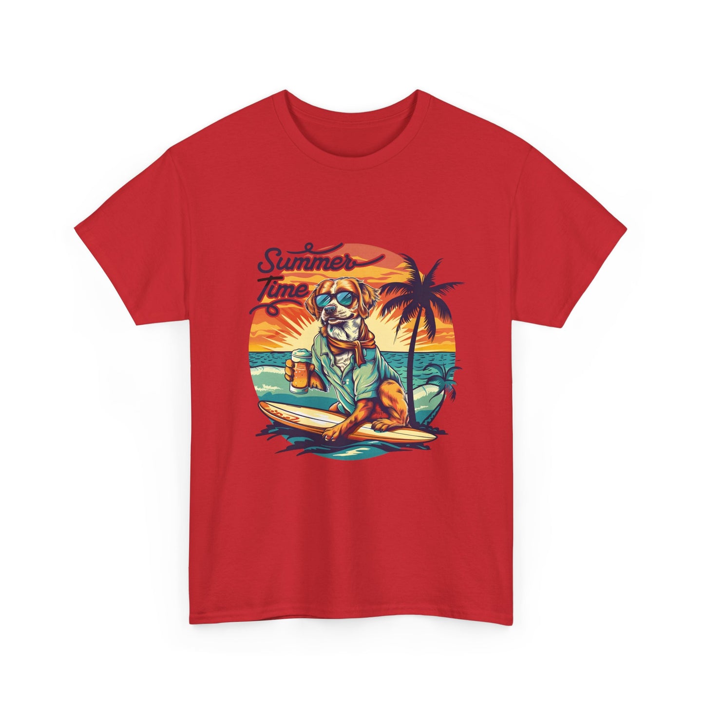 Summer Time Surfer Dog T‑Shirt — Vintage Beach Palm Surfing Dog Tee
