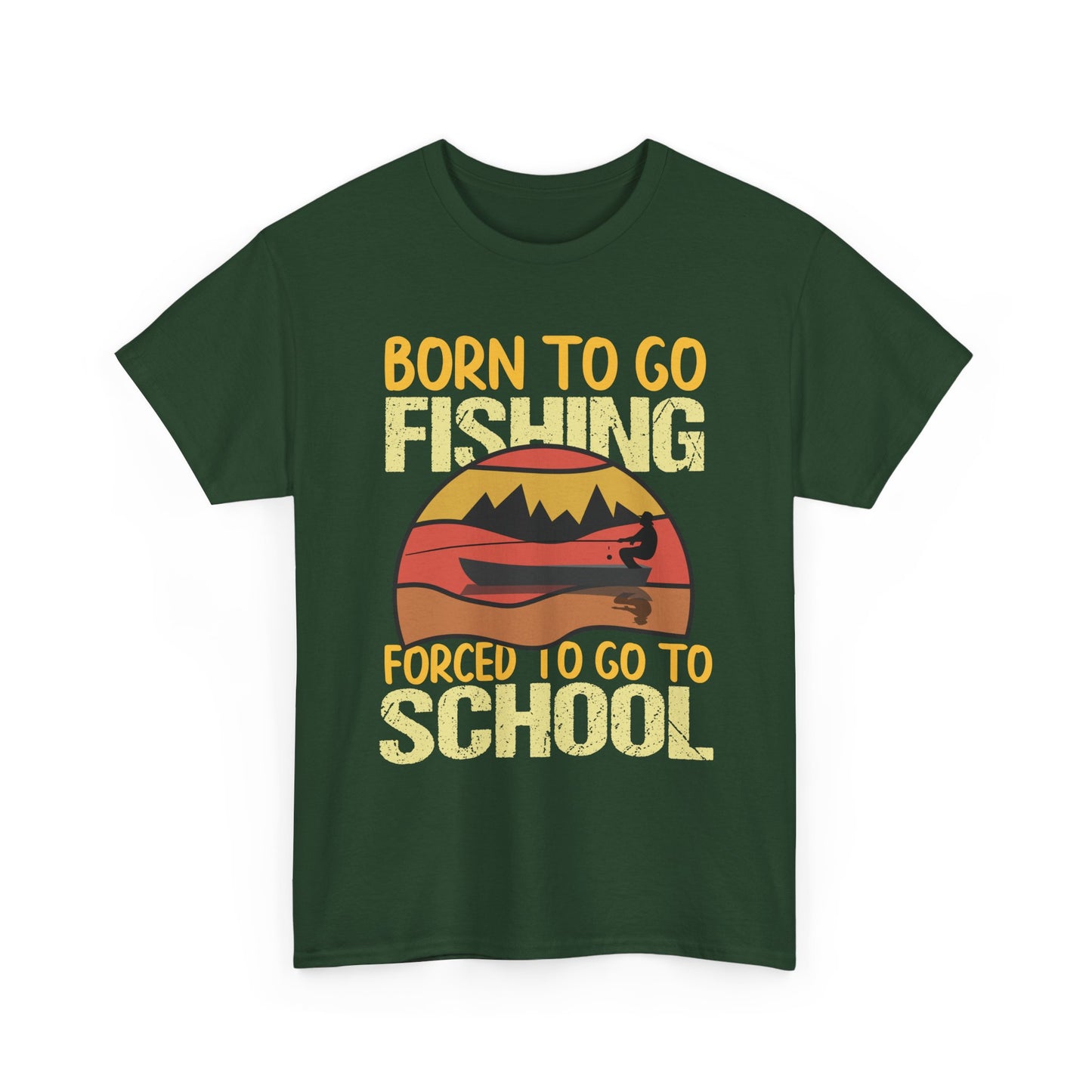 Fishing Graphic Tee - "Born to Go Fishing, Forced to Go to School" Retro Sunset T-Shirt for Kids & Teens