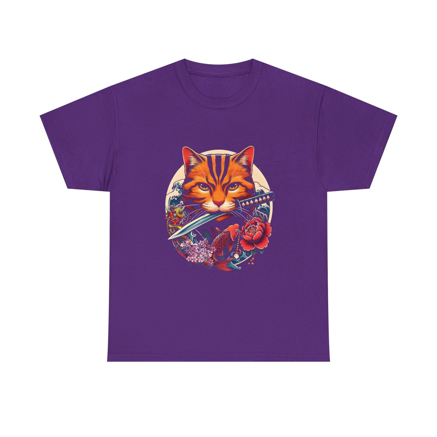 Cat Samurai T‑Shirt — Orange Tabby with Sword & Floral Crest