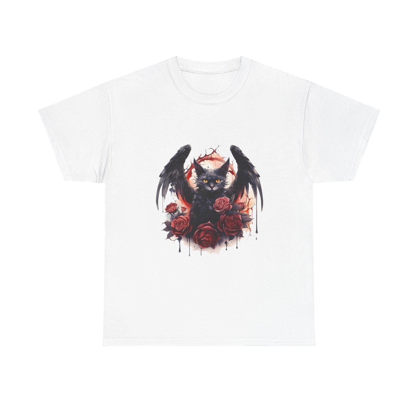 Cat Demon Tee — Gothic Bat-Wing Cat with Roses Graphic Shirt