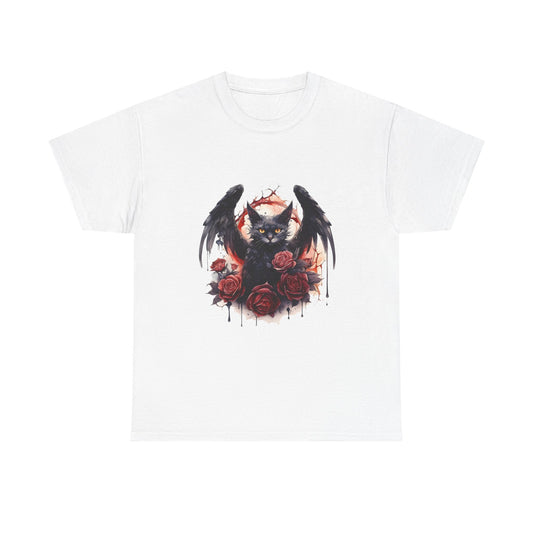 Cat Demon Tee — Gothic Bat-Wing Cat with Roses Graphic Shirt
