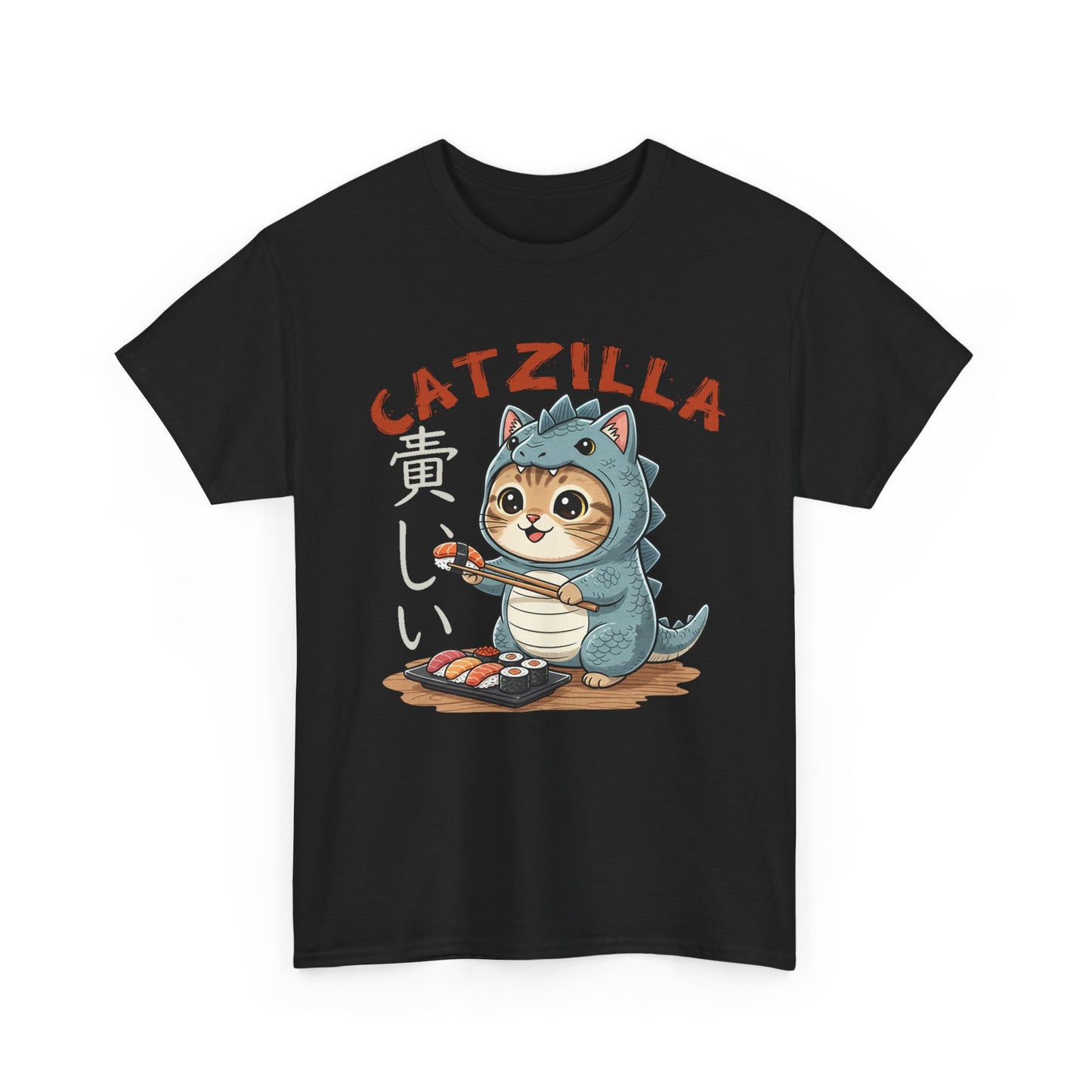 Catzilla T-Shirt — Cute Cat Dinosaur Costume Eating Sushi Graphic Tee