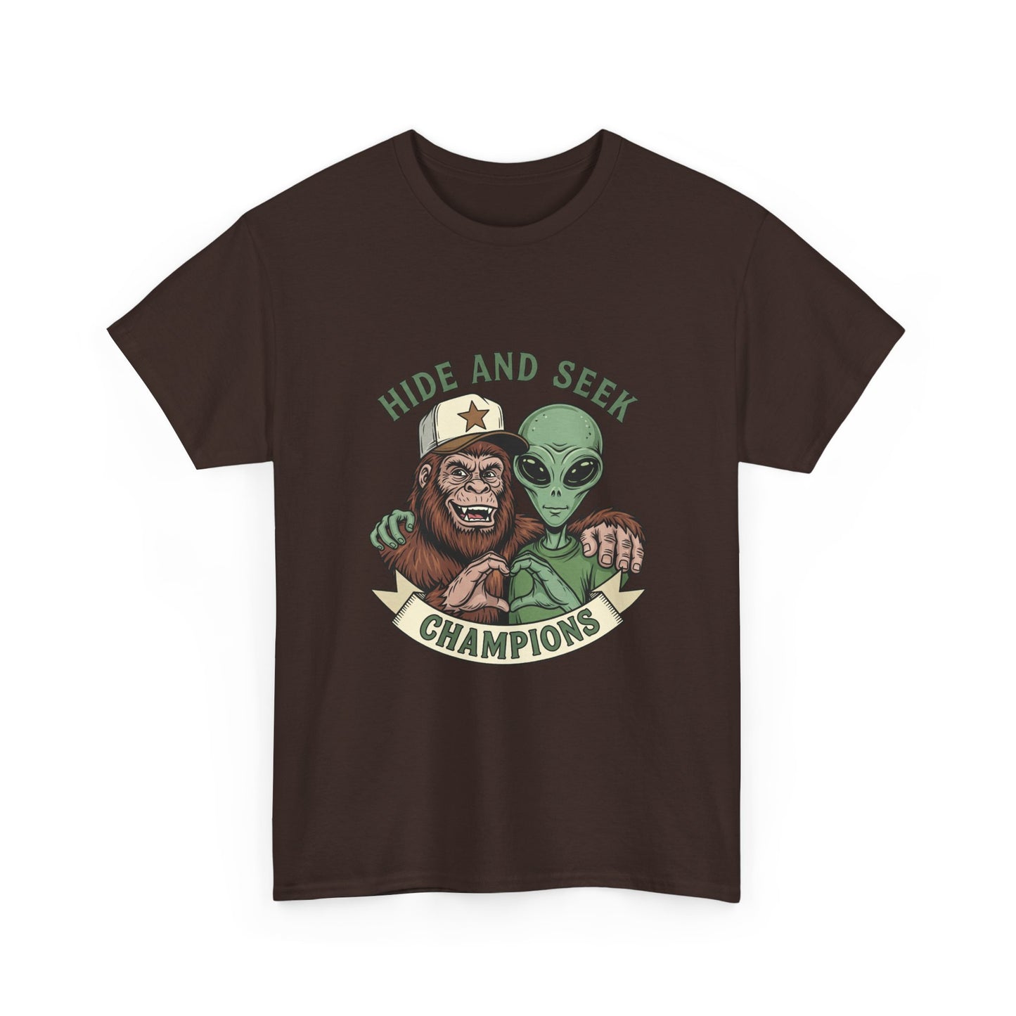 Hide and Seek Champions T-Shirt — Bigfoot & Alien Graphic Tee