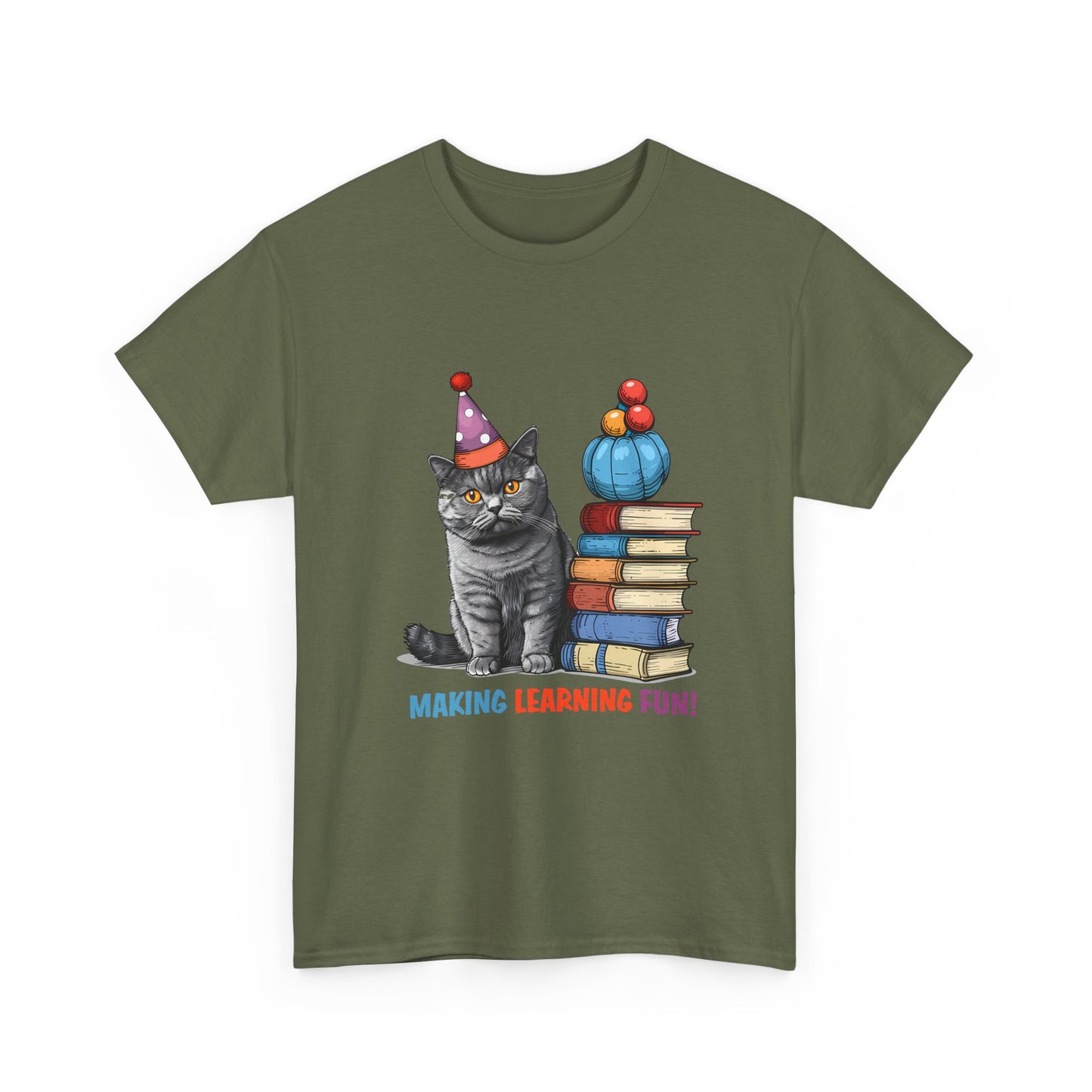 Cat Teacher T-Shirt — "Making Learning Fun!" Cute School Cat with Books Tee