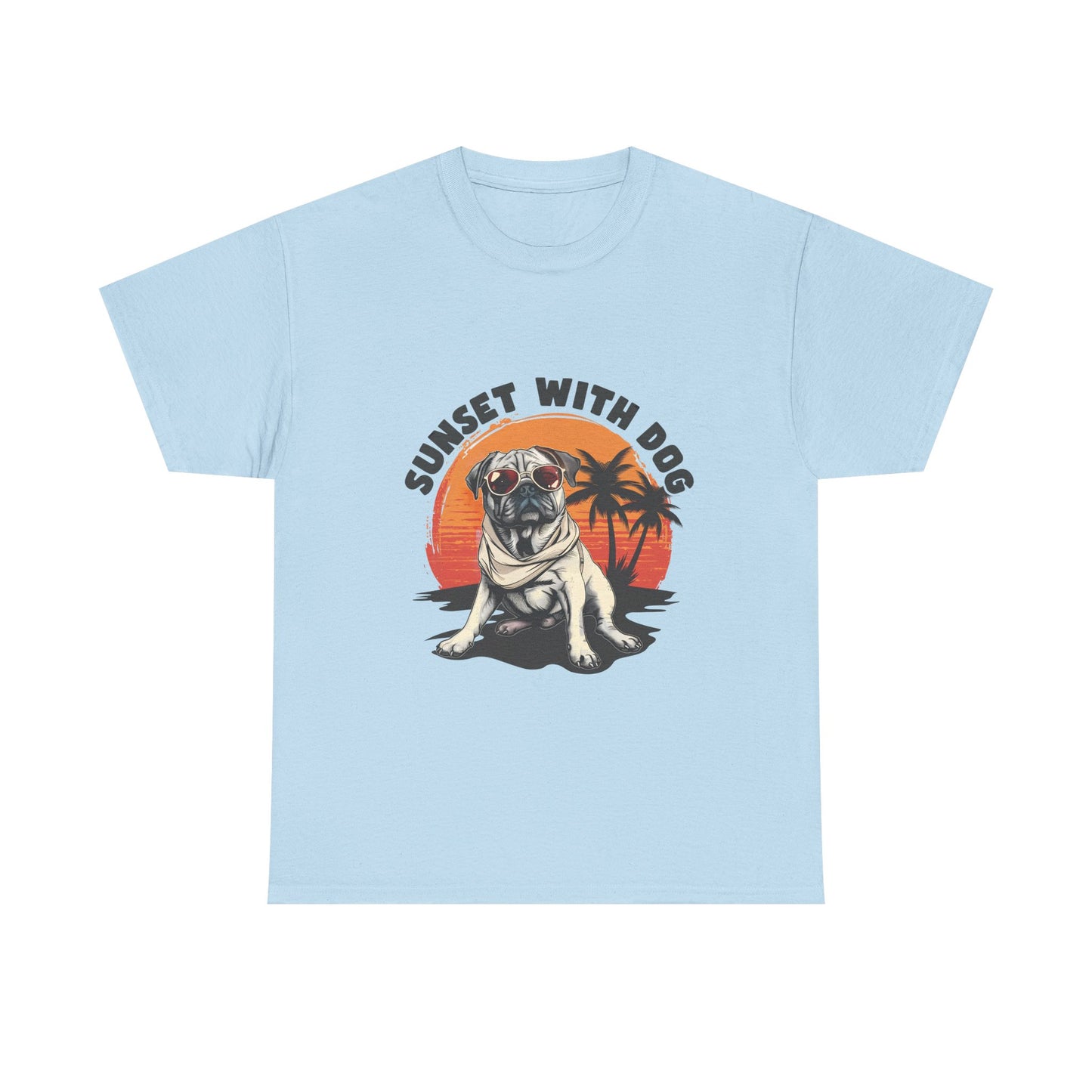 Sunset With Dog T-Shirt – Retro Beach Pug Tee