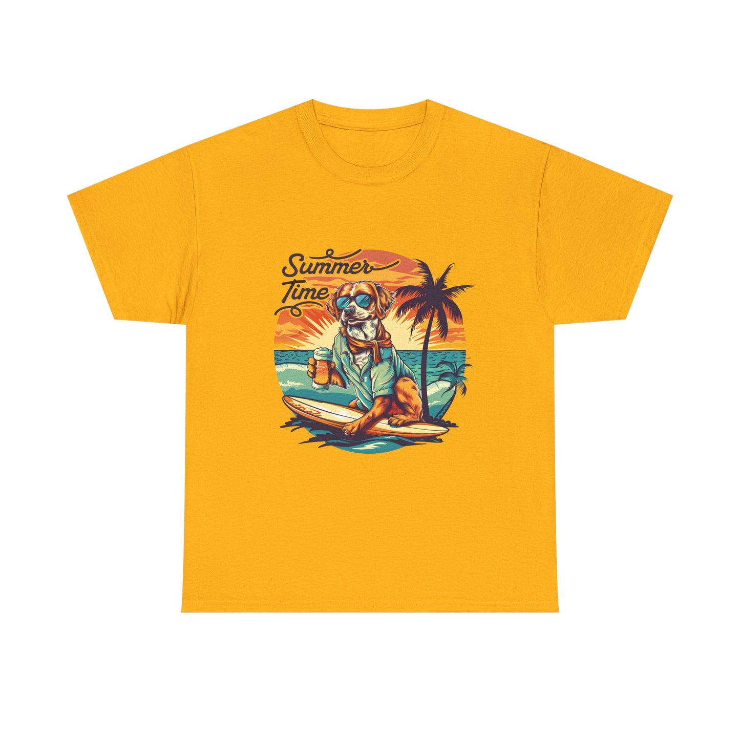 Summer Time Surfer Dog T‑Shirt — Vintage Beach Palm Surfing Dog Tee