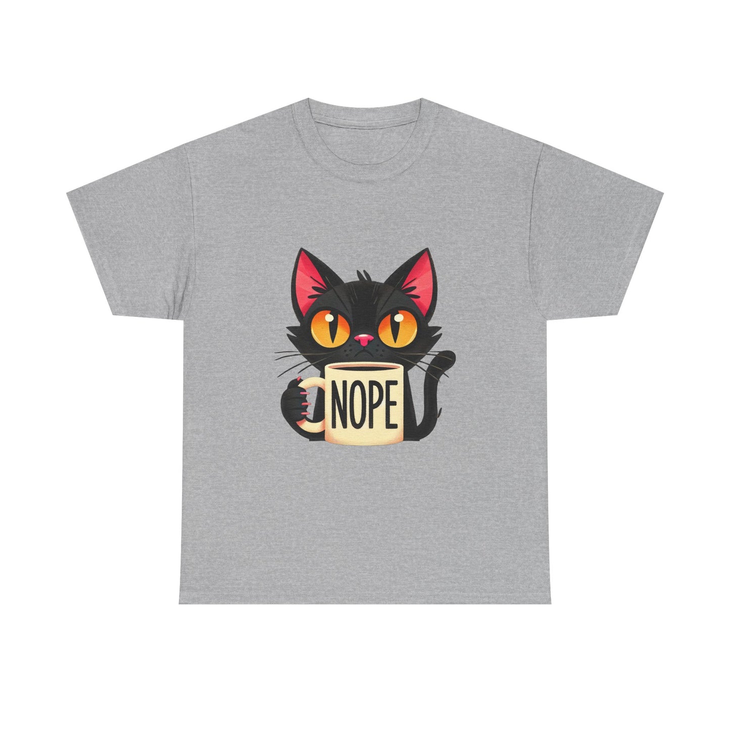 Cat 'Nope' T-Shirt — Cute Black Cat Holding 'NOPE' Mug Graphic Tee