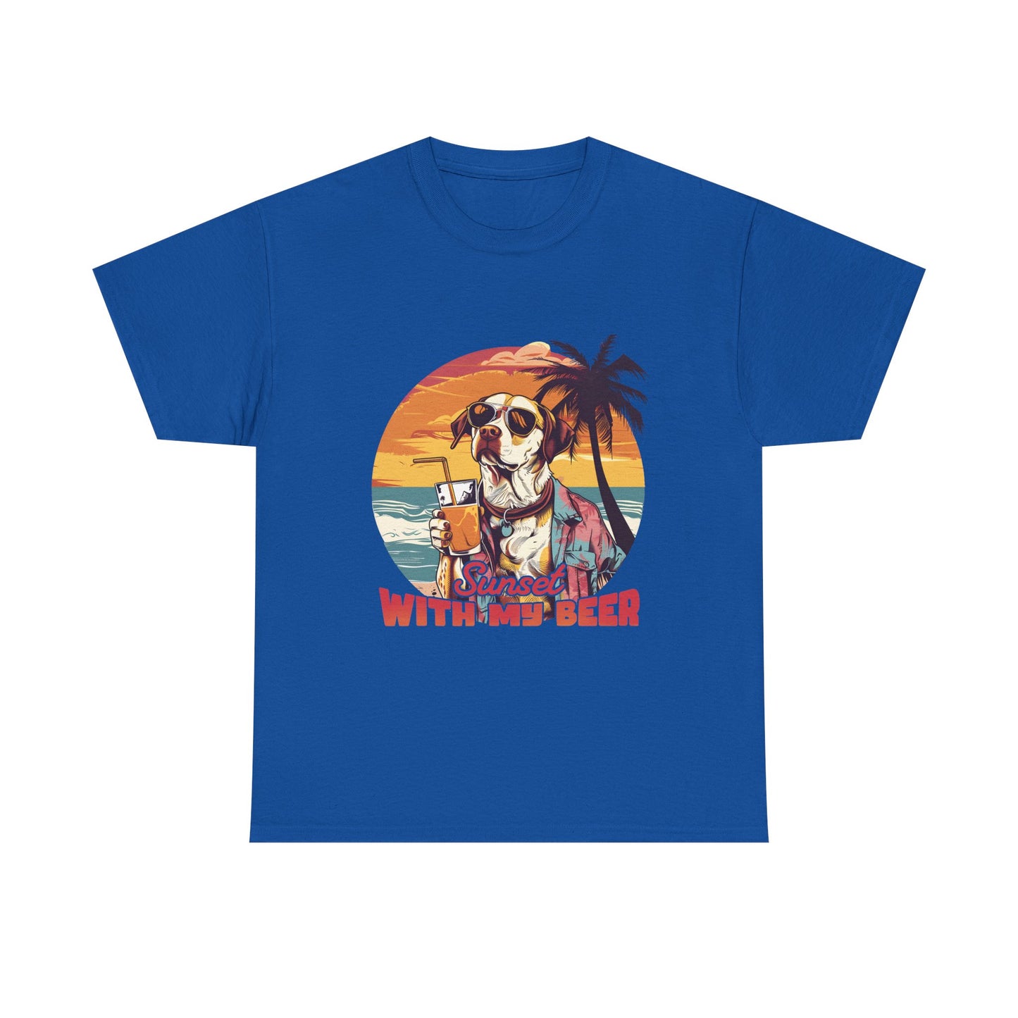T-Shirt — Sunset With My Beer Dog Graphic Tee — Retro Tropical Beach Vibes