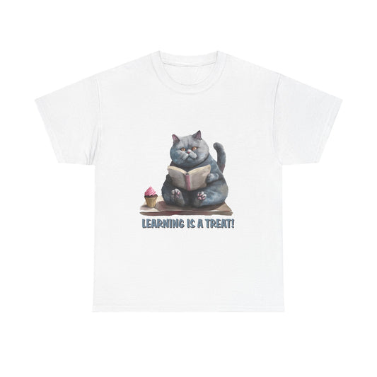 Cat Reading T-Shirt — "Learning Is a Treat" Cute Book Lover Tee