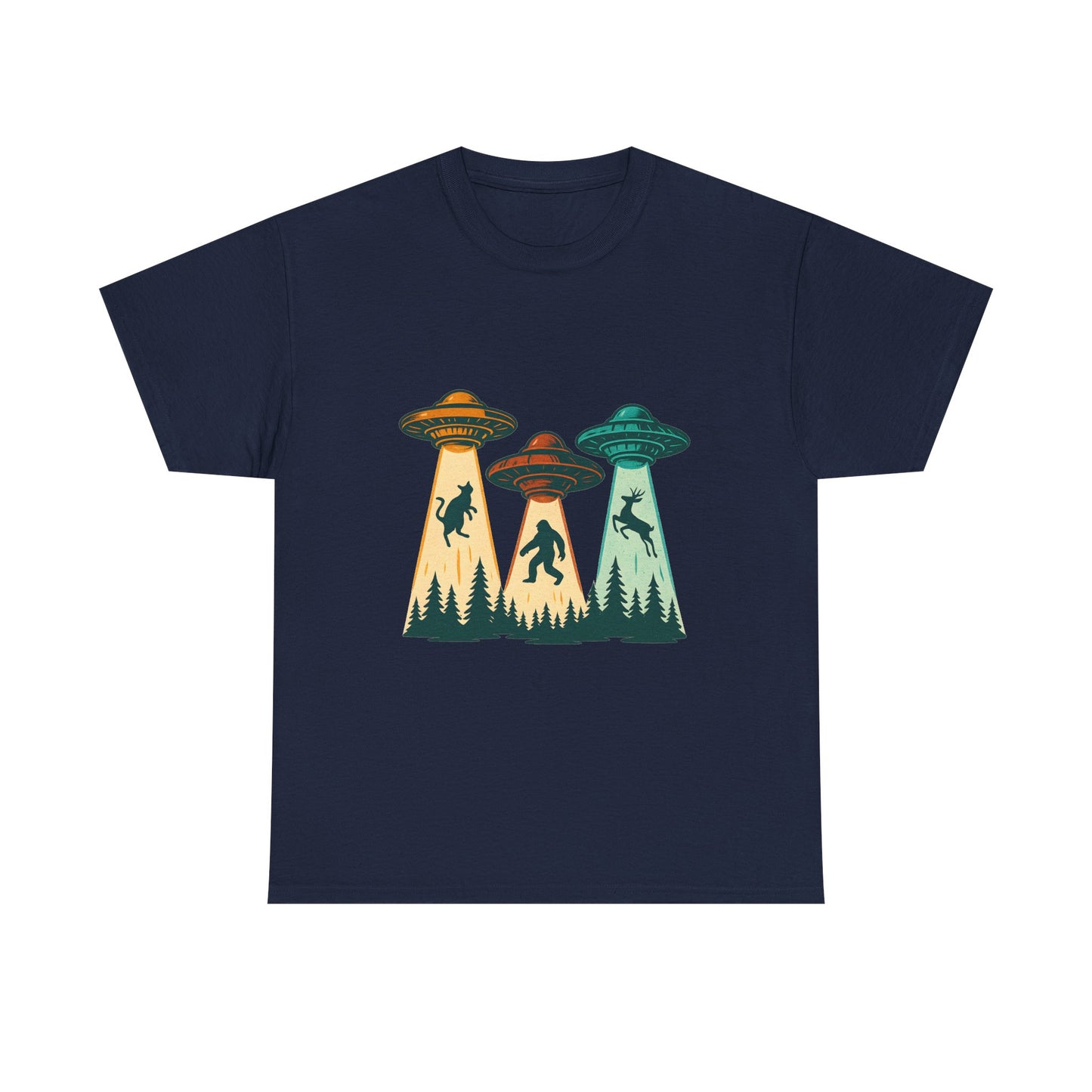 Alien Abduction UFO Tee — Retro Forest Beams T‑Shirt