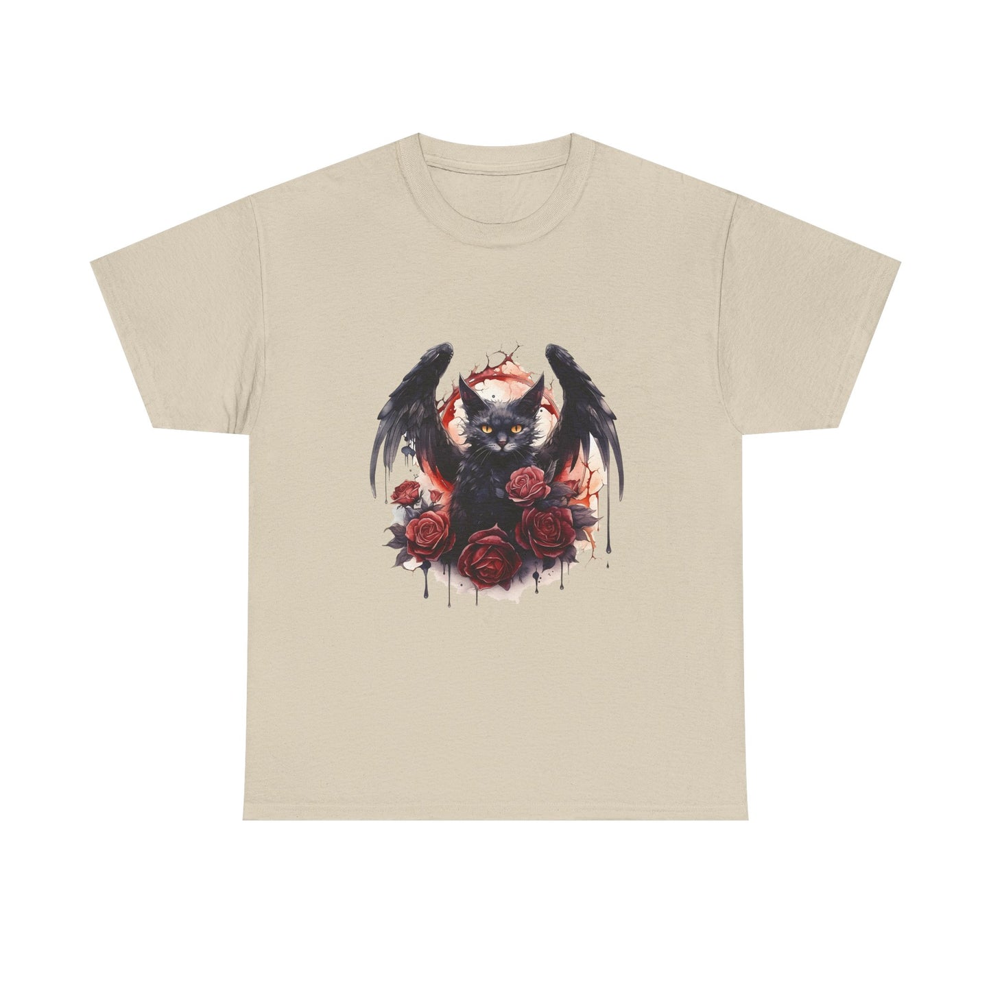 Cat Demon Tee — Gothic Bat-Wing Cat with Roses Graphic Shirt