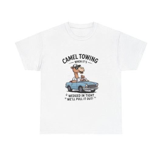 T-Shirt — Camel Towing Funny Vintage Car Graphic Tee (“When It’s Wedged In Tight We’ll Pull It Out”)