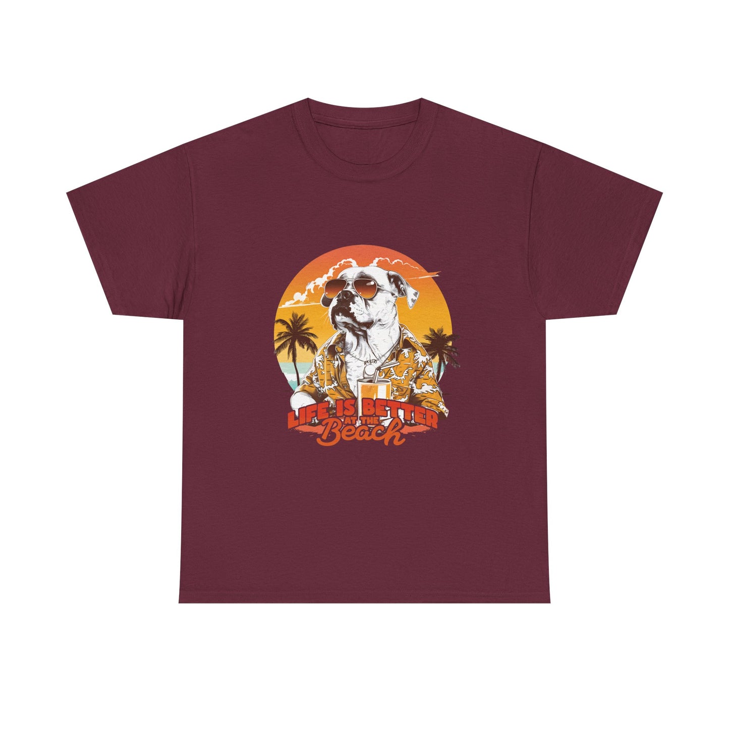 Beach Dog T-Shirt — "Life Is Better at the Beach" Retro Sunset Tee