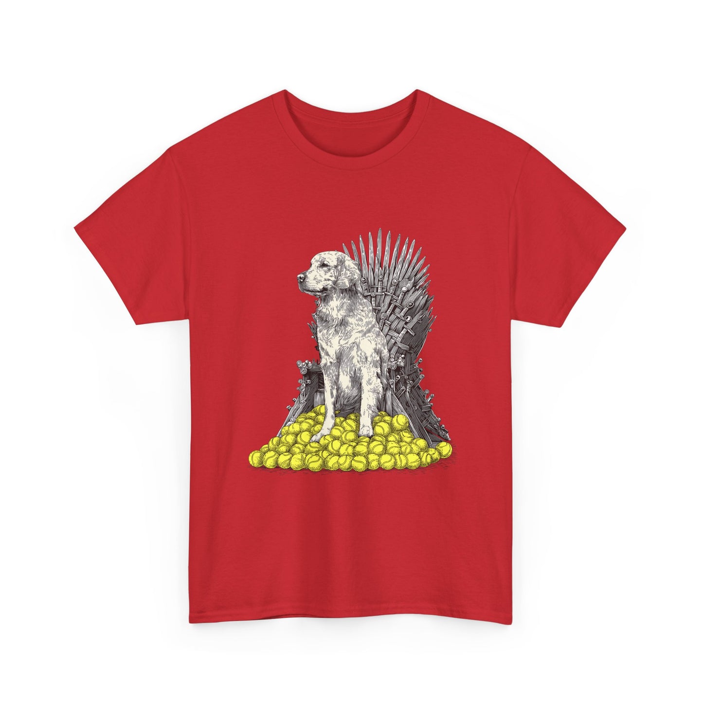 Dog Throne T‑Shirt — Dog on Iron Throne of Tennis Balls Graphic Tee