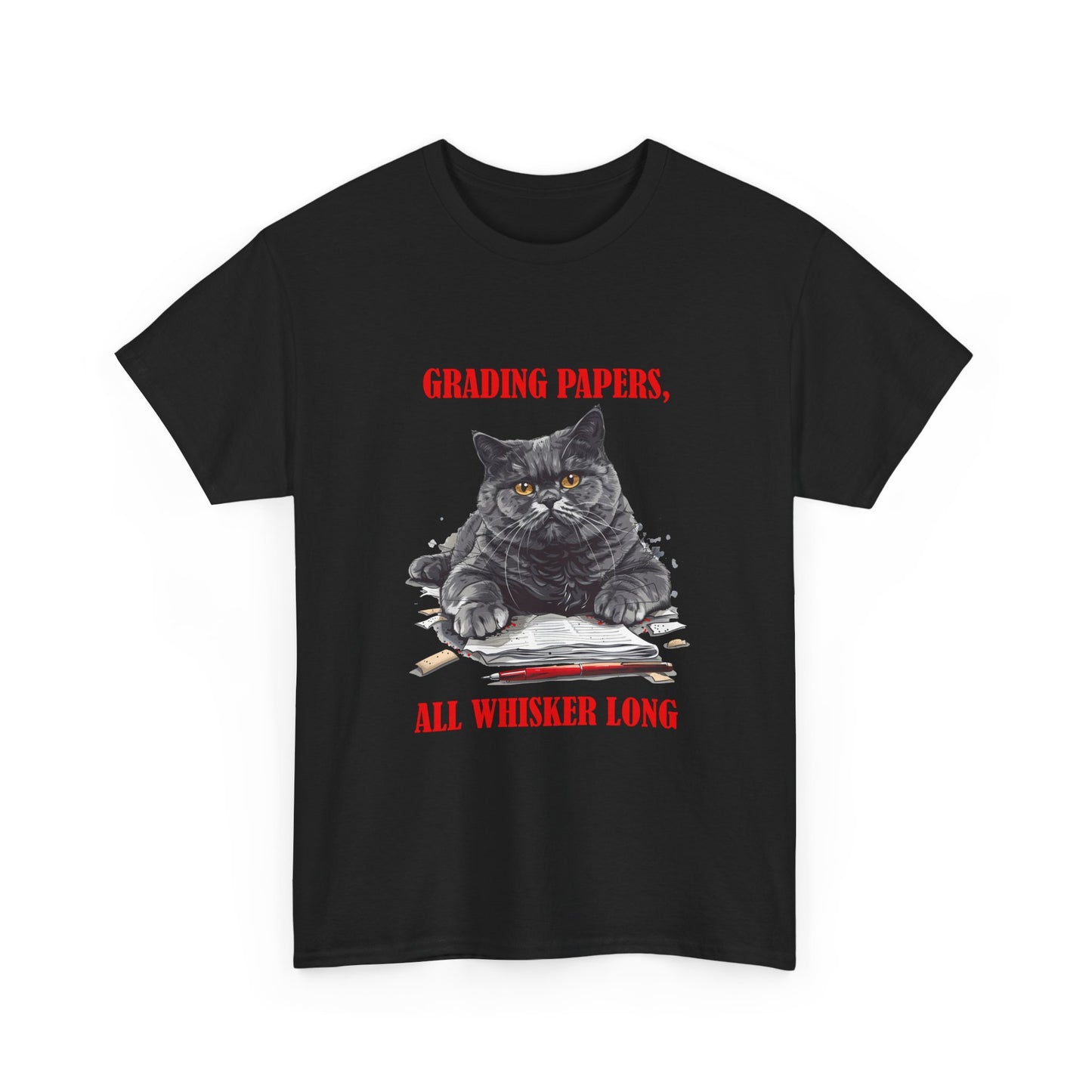 Teacher Cat T-Shirt — "Grading Papers, All Whisker Long" Funny Teacher Gift