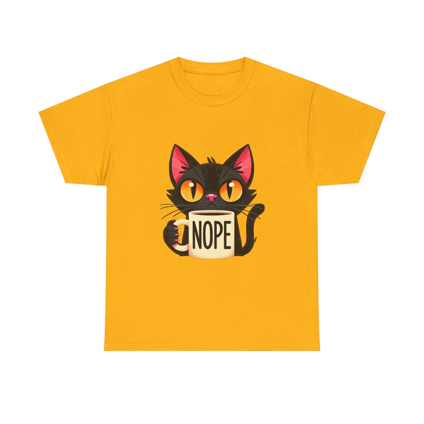Cat 'Nope' T-Shirt — Cute Black Cat Holding 'NOPE' Mug Graphic Tee