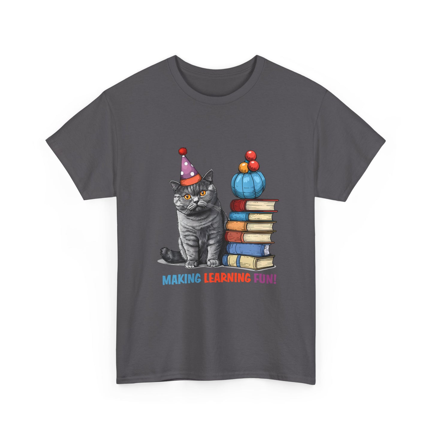 Cat Teacher T-Shirt — "Making Learning Fun!" Cute School Cat with Books Tee