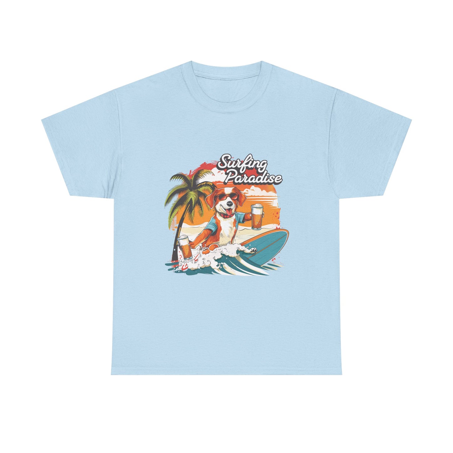 Surfing Paradise Dog T-Shirt – Retro Palm Beach Surf Tee