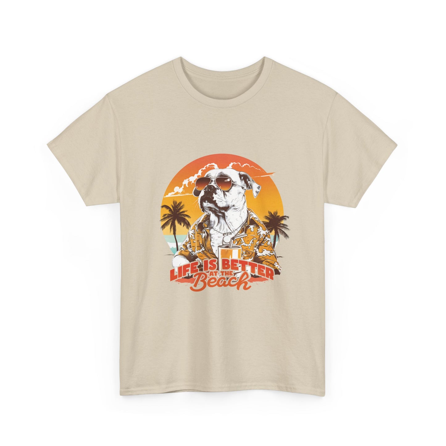 Beach Dog T-Shirt — "Life Is Better at the Beach" Retro Sunset Tee