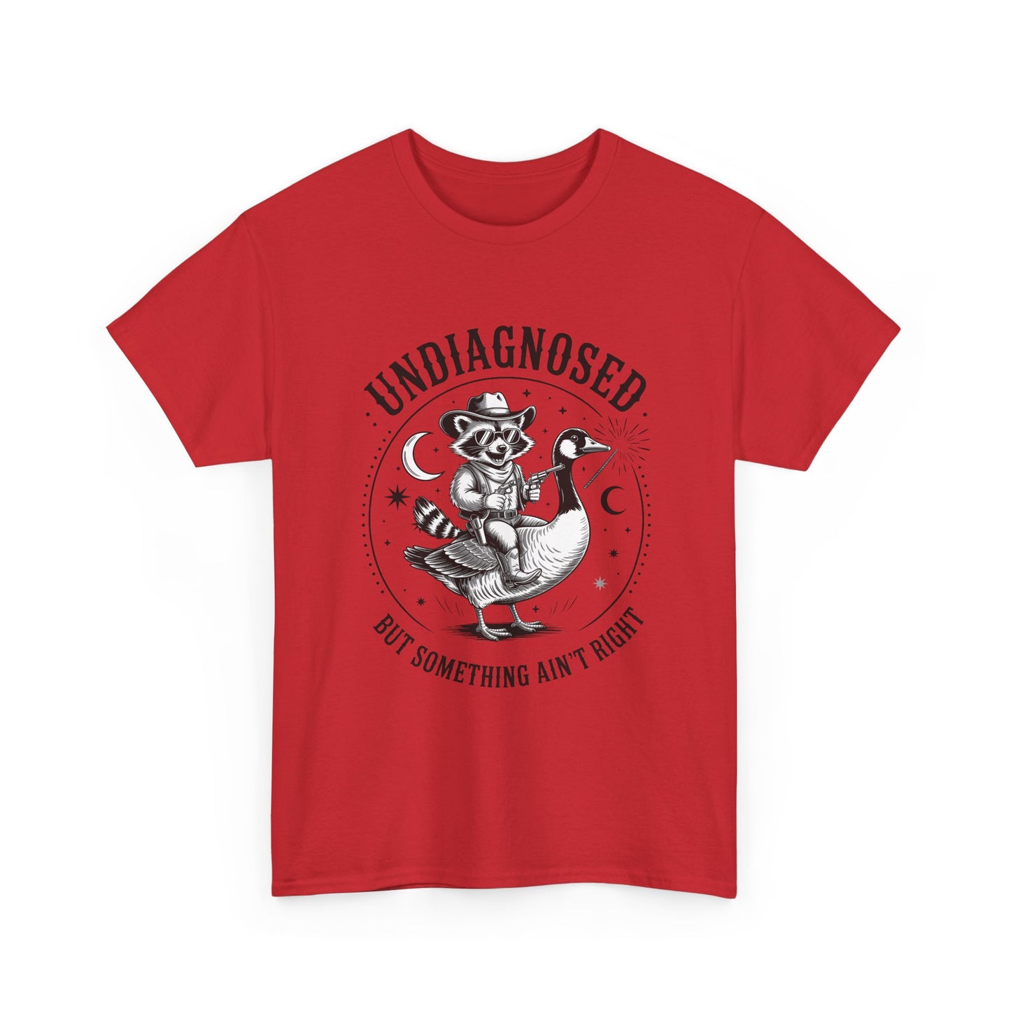 Undiagnosed But Something Ain't Right T-Shirt — Funny Retro Raccoon Riding Goose Tee