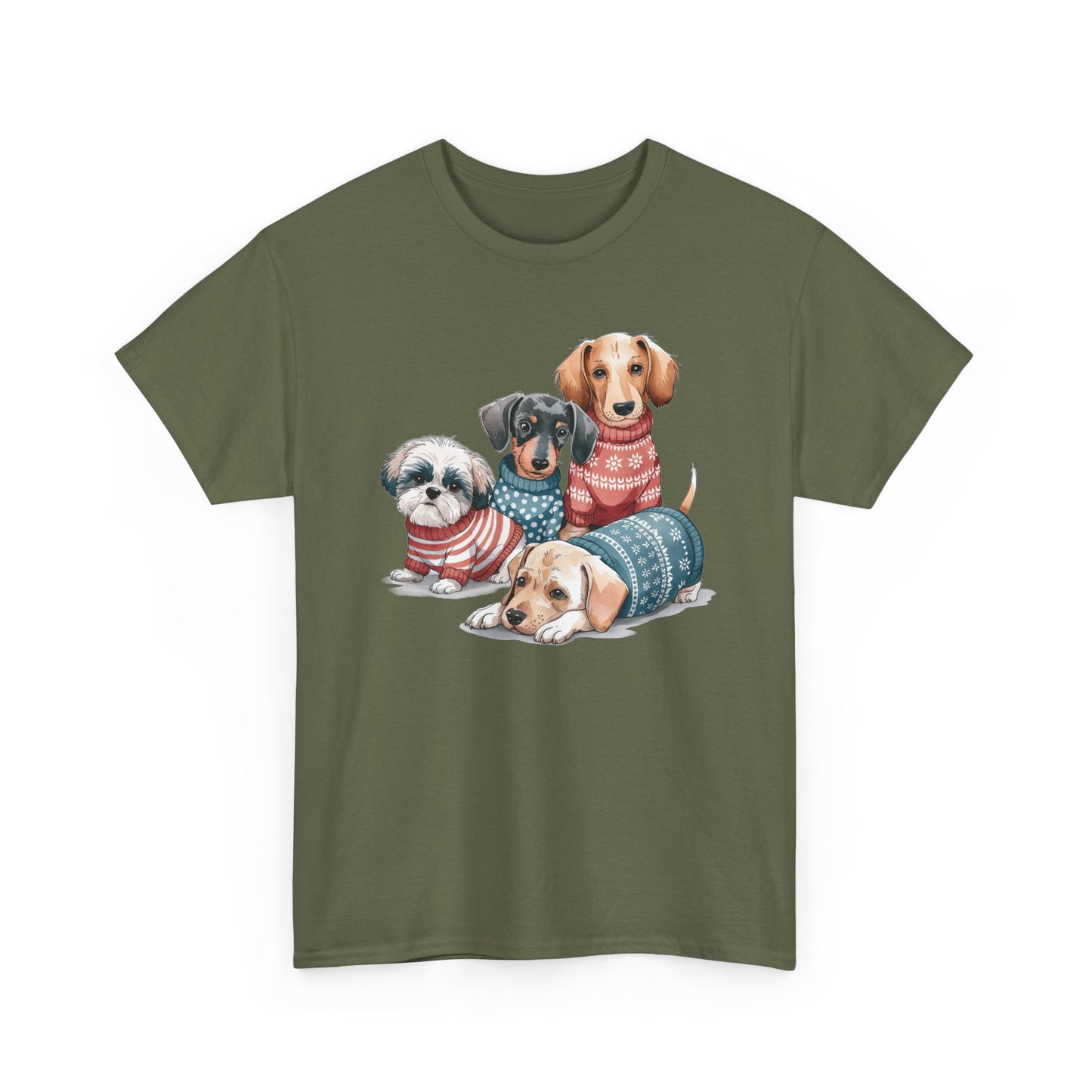 Dog Squad Tee — Cute Puppies in Cozy Sweaters Graphic T-Shirt