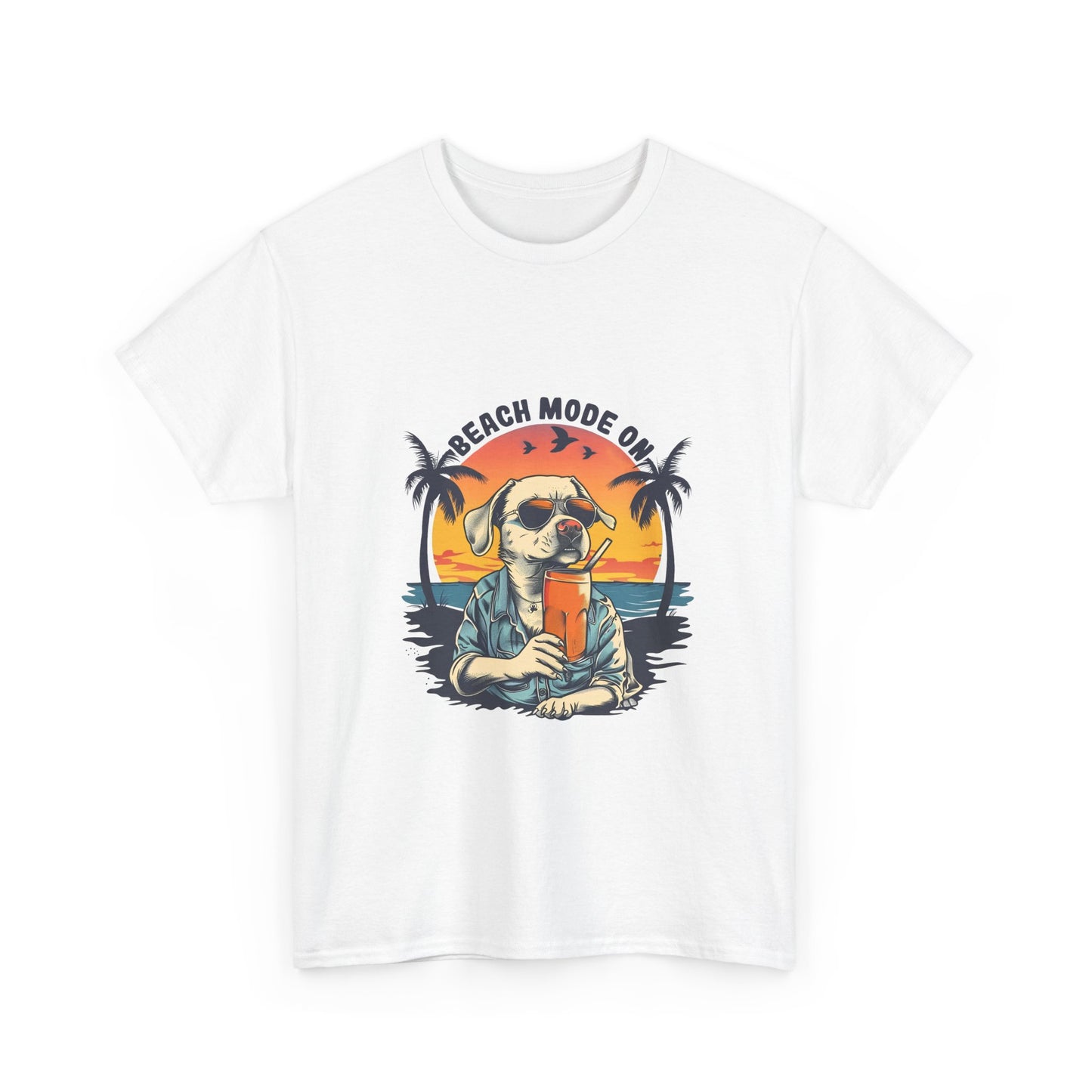 Beach Mode On T-Shirt - Retro Sunglasses Dog Drinking Cocktail, Summer Vacation Tee