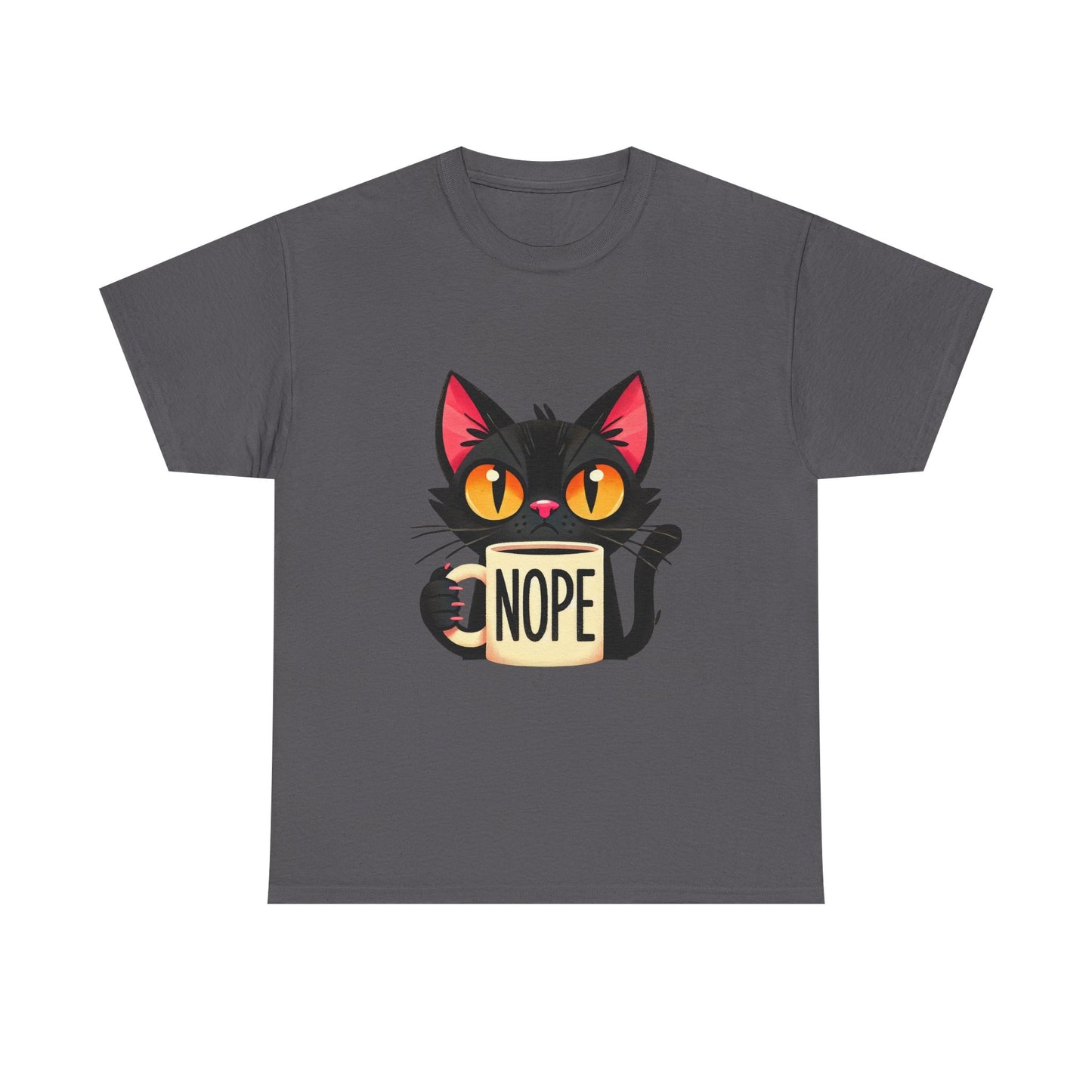 Cat 'Nope' T-Shirt — Cute Black Cat Holding 'NOPE' Mug Graphic Tee