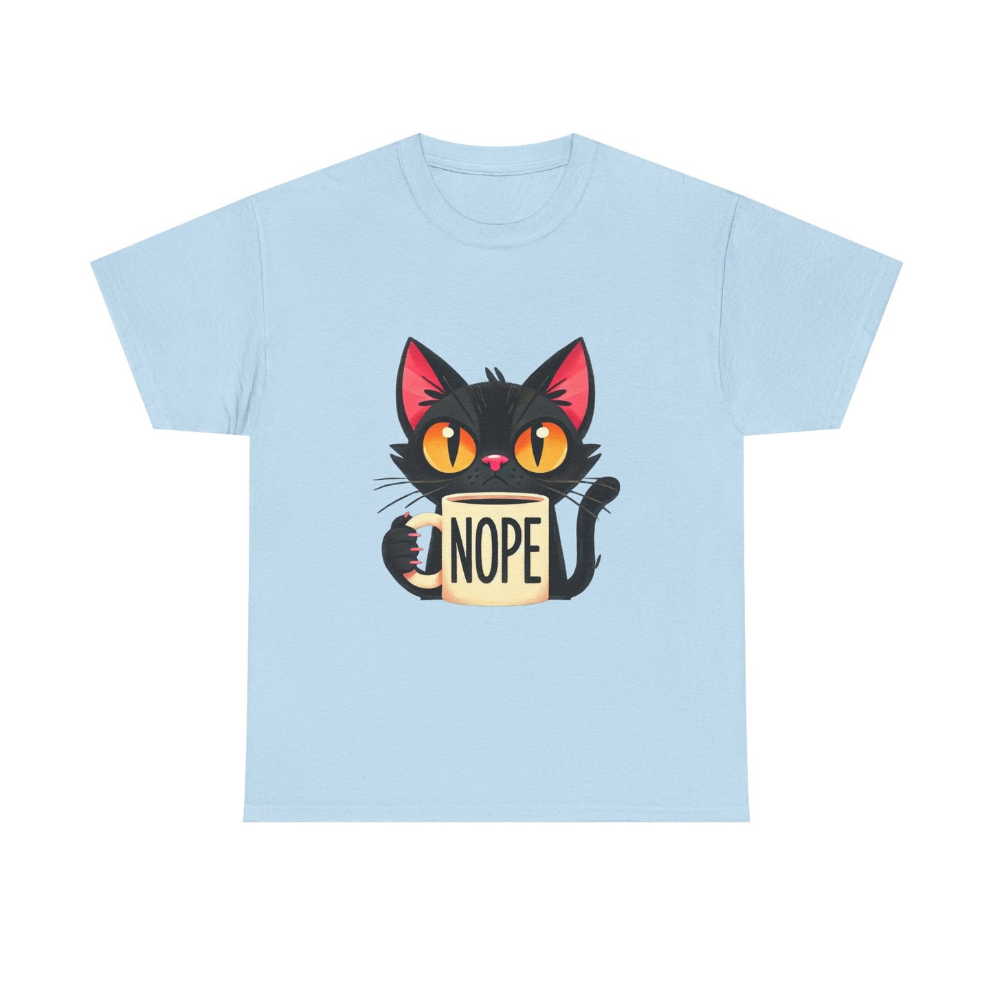 Cat 'Nope' T-Shirt — Cute Black Cat Holding 'NOPE' Mug Graphic Tee