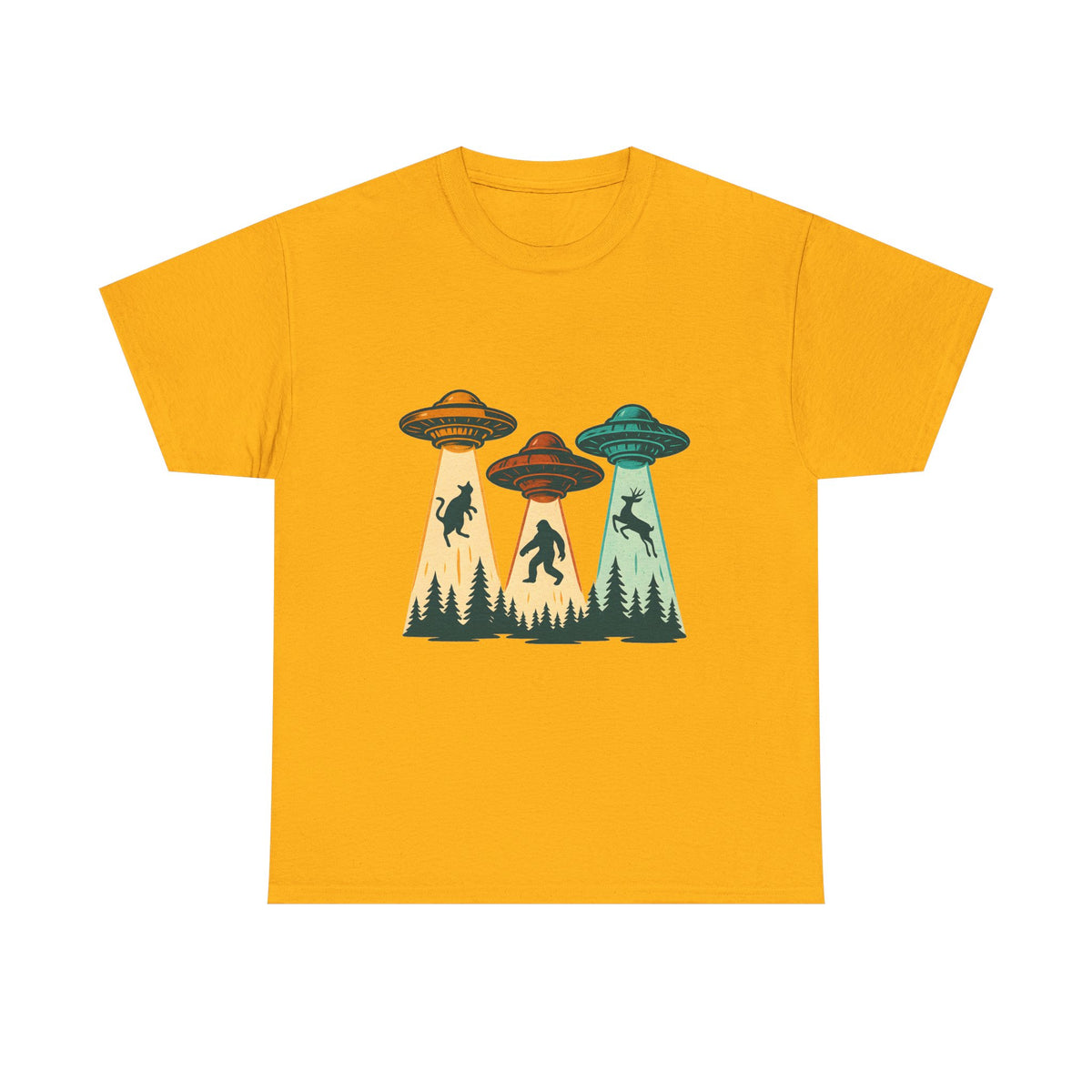 Alien Abduction UFO Tee — Retro Forest Beams T‑Shirt