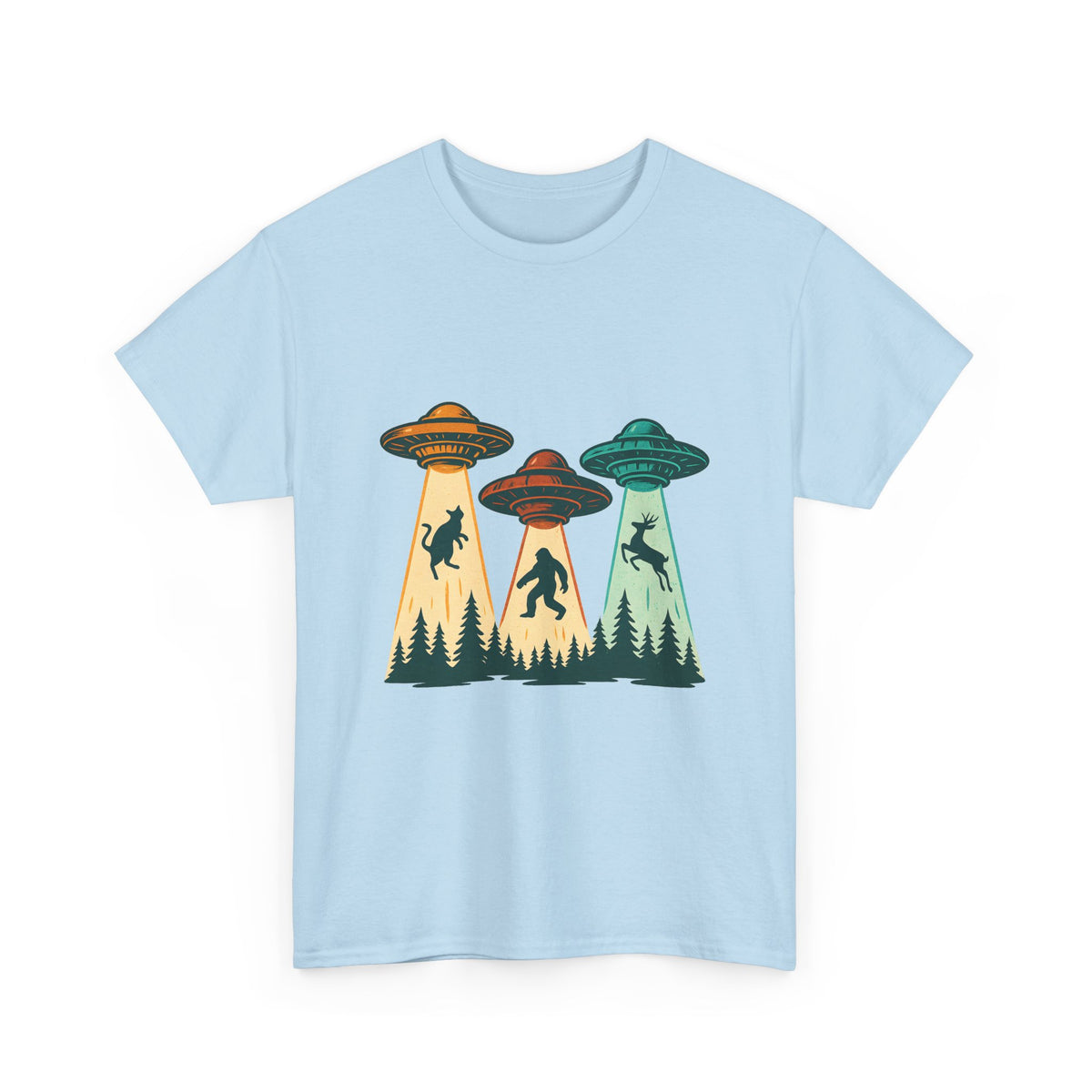 Alien Abduction UFO Tee — Retro Forest Beams T‑Shirt