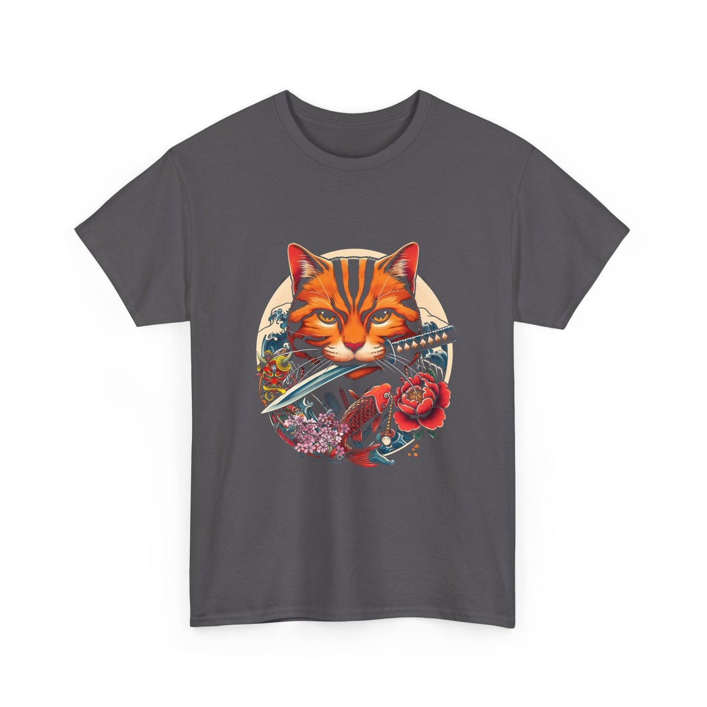 Cat Samurai T‑Shirt — Orange Tabby with Sword & Floral Crest