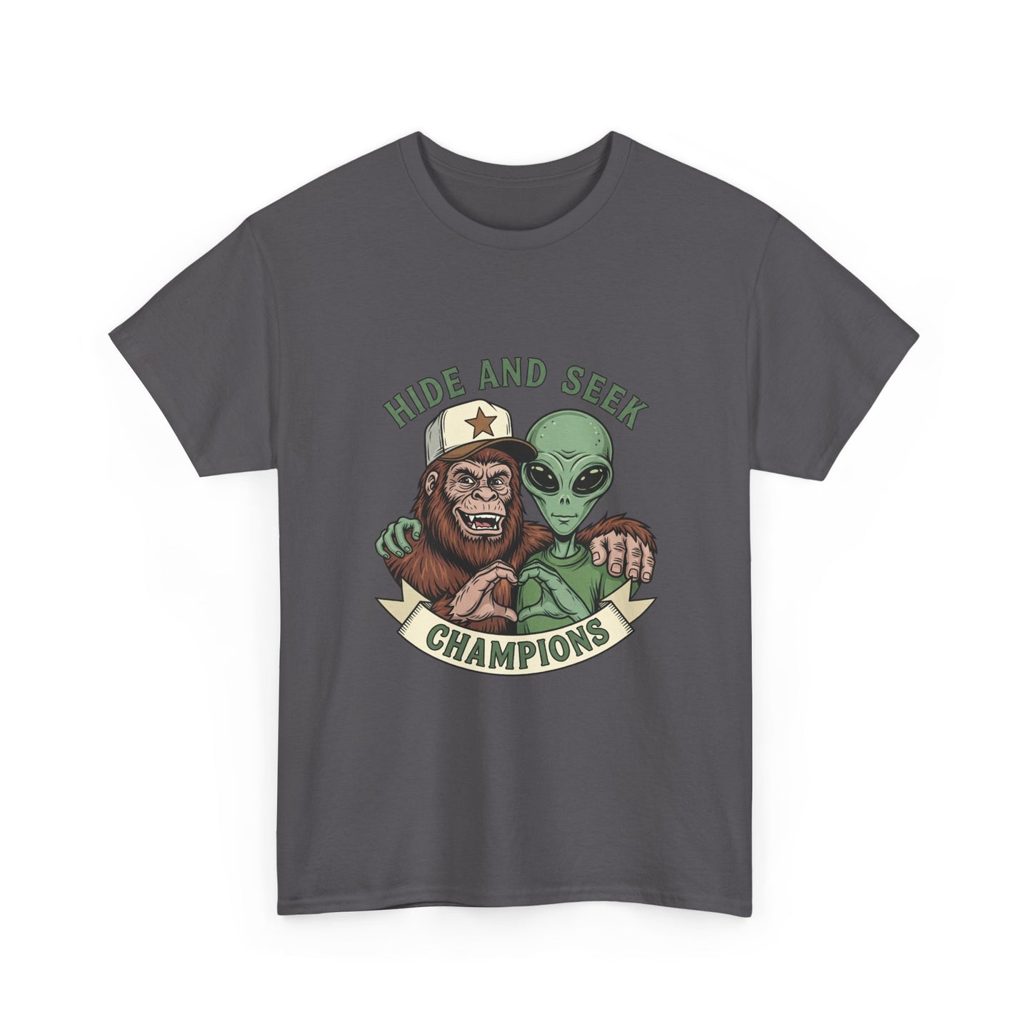 Hide and Seek Champions T-Shirt — Bigfoot & Alien Graphic Tee