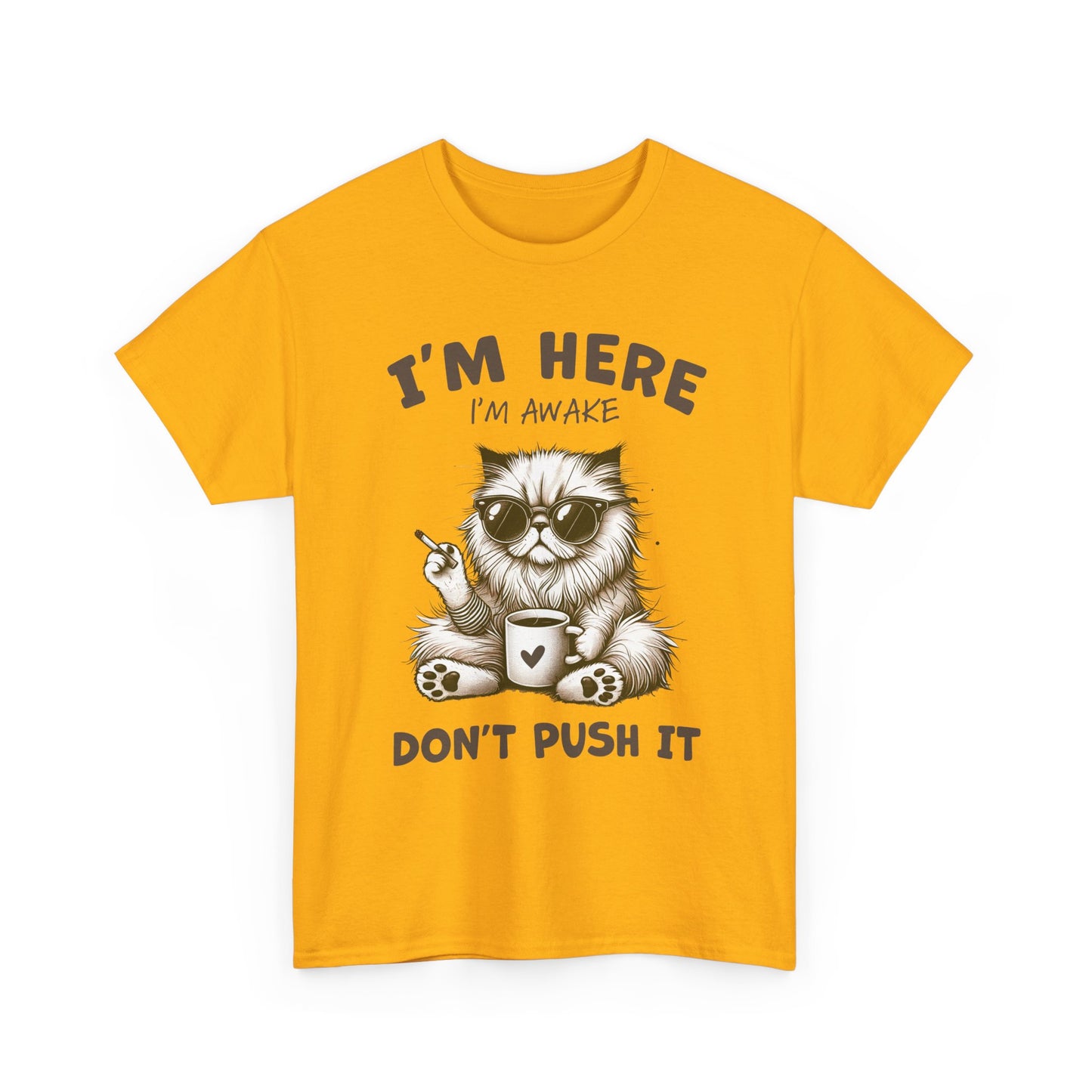 I'm Here I'm Awake Don’t Push It Cat T-Shirt — Funny Coffee Cat Tee for Cat Lovers