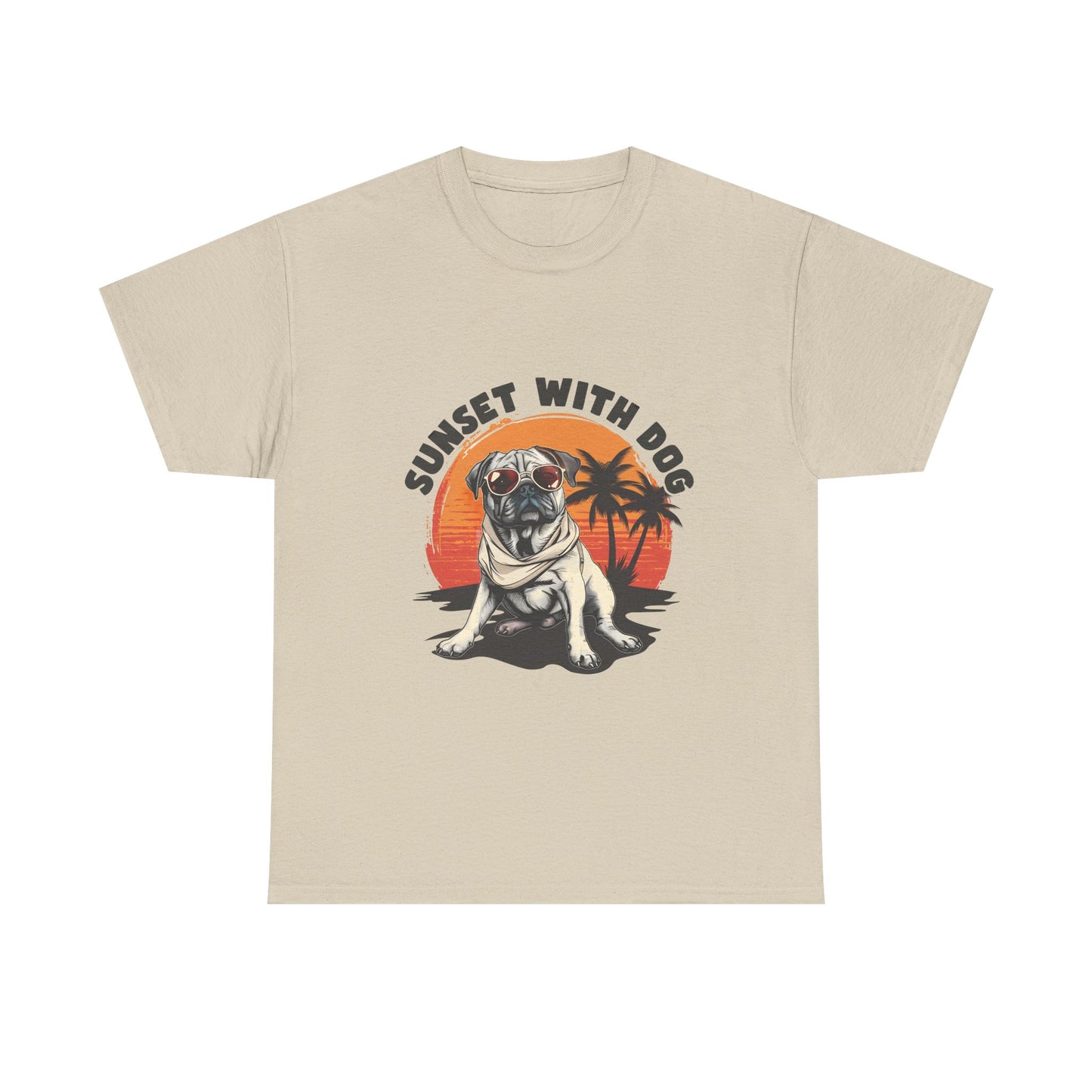 Sunset With Dog T-Shirt – Retro Beach Pug Tee