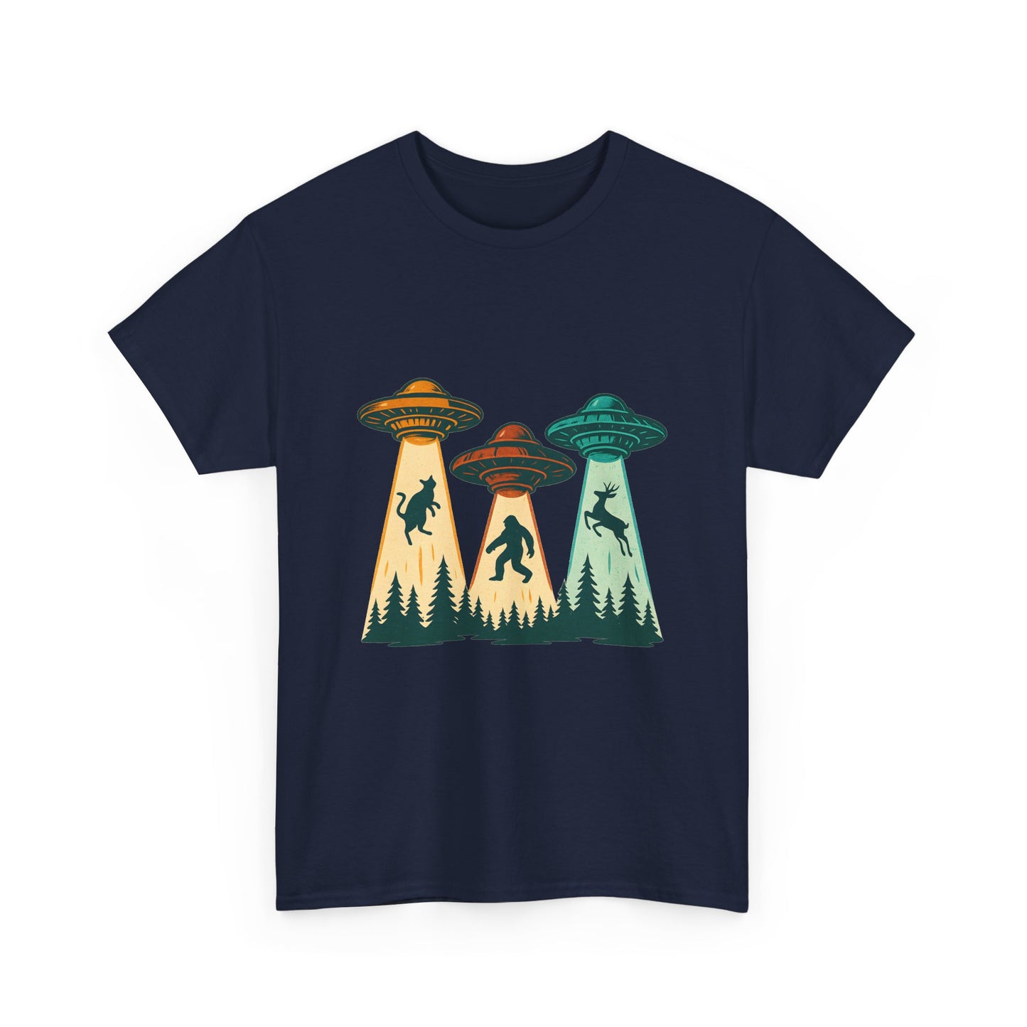 Alien Abduction UFO Tee — Retro Forest Beams T‑Shirt