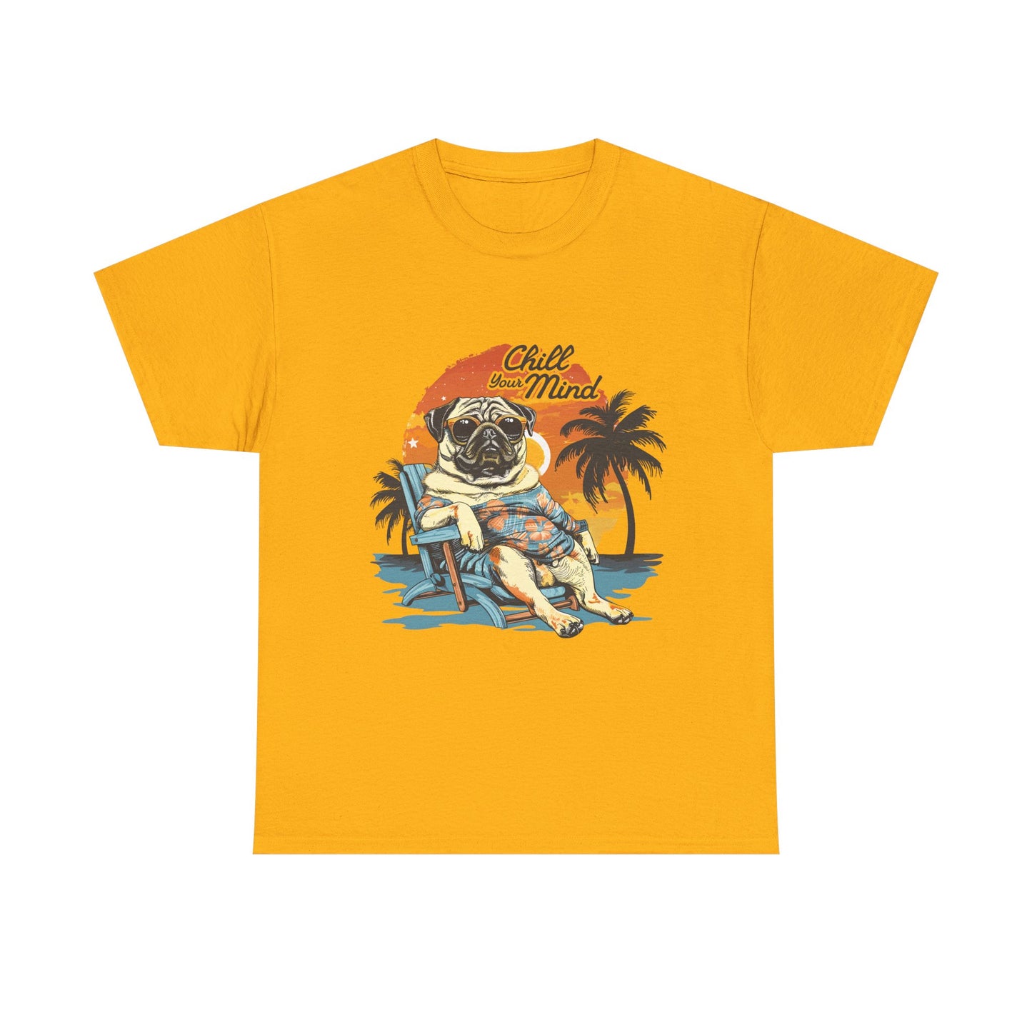 Pug “Chill Your Mind” Beach T-Shirt — Retro Palm Sunset Vacation Tee