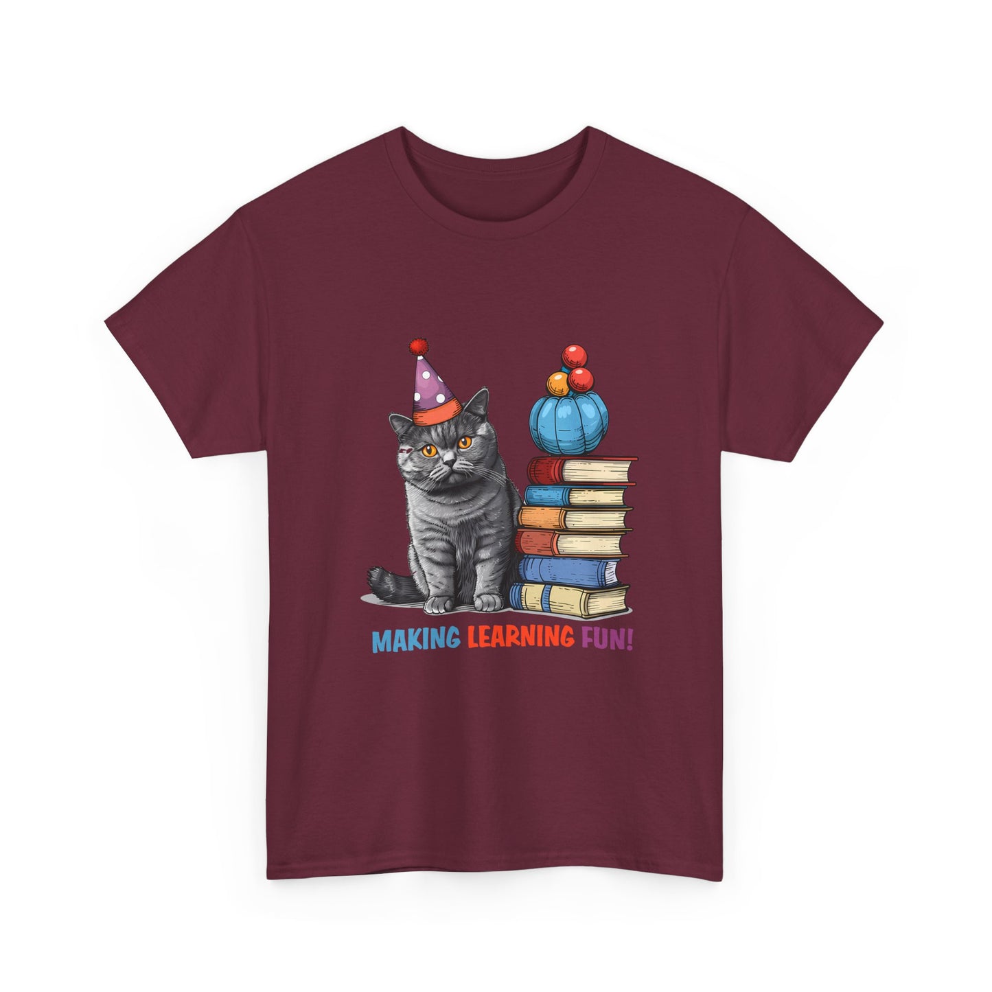 Cat Teacher T-Shirt — "Making Learning Fun!" Cute School Cat with Books Tee