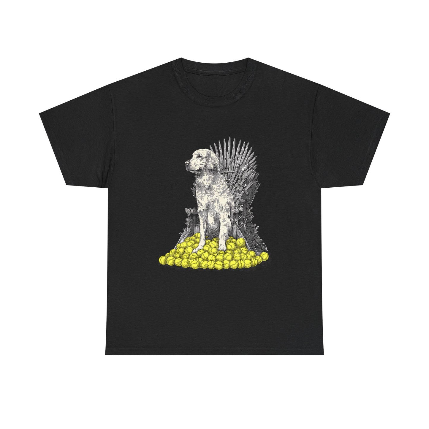 Dog Throne T‑Shirt — Dog on Iron Throne of Tennis Balls Graphic Tee