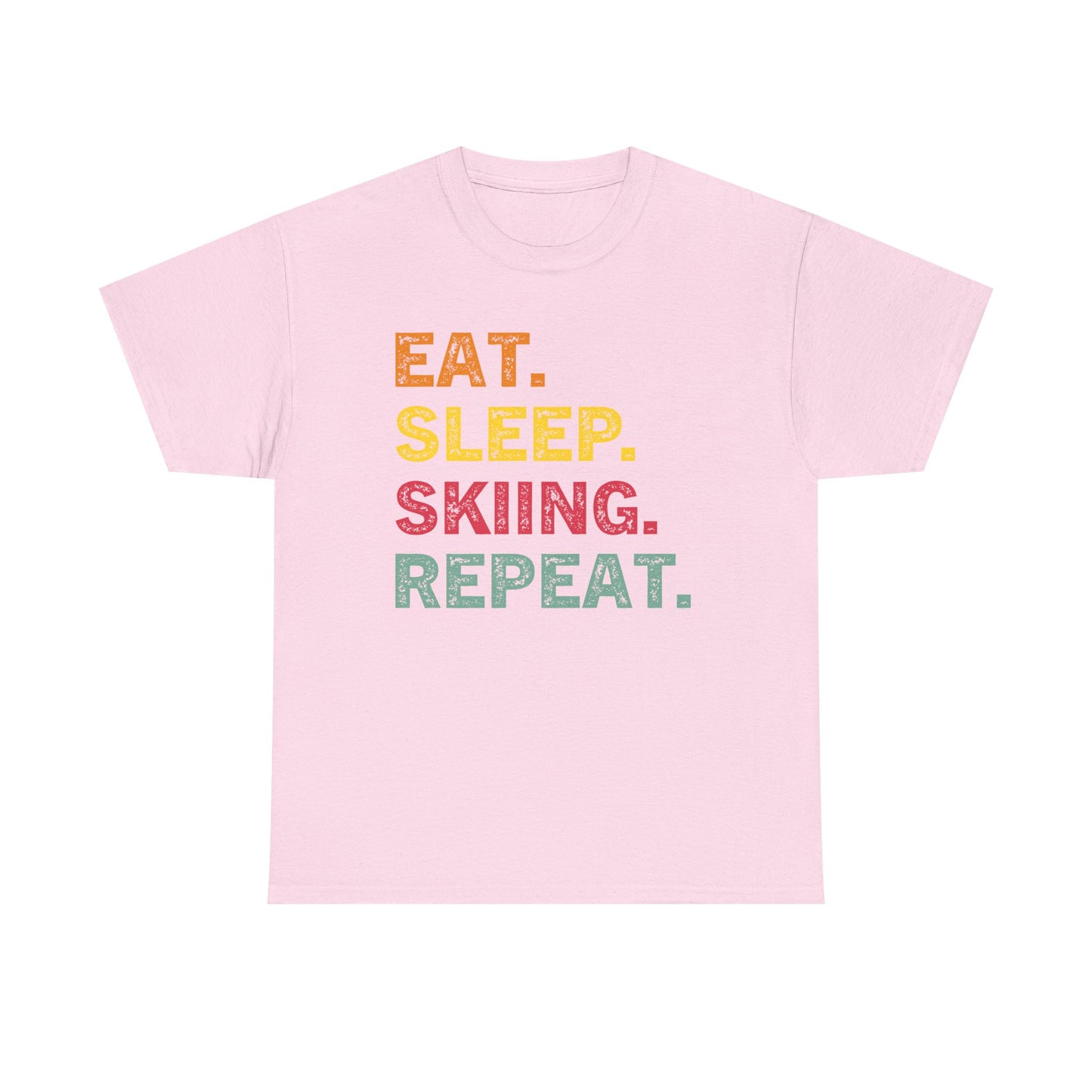 Ski T-Shirt — “Eat. Sleep. Skiing. Repeat.” Retro Colorblock Skiing Tee