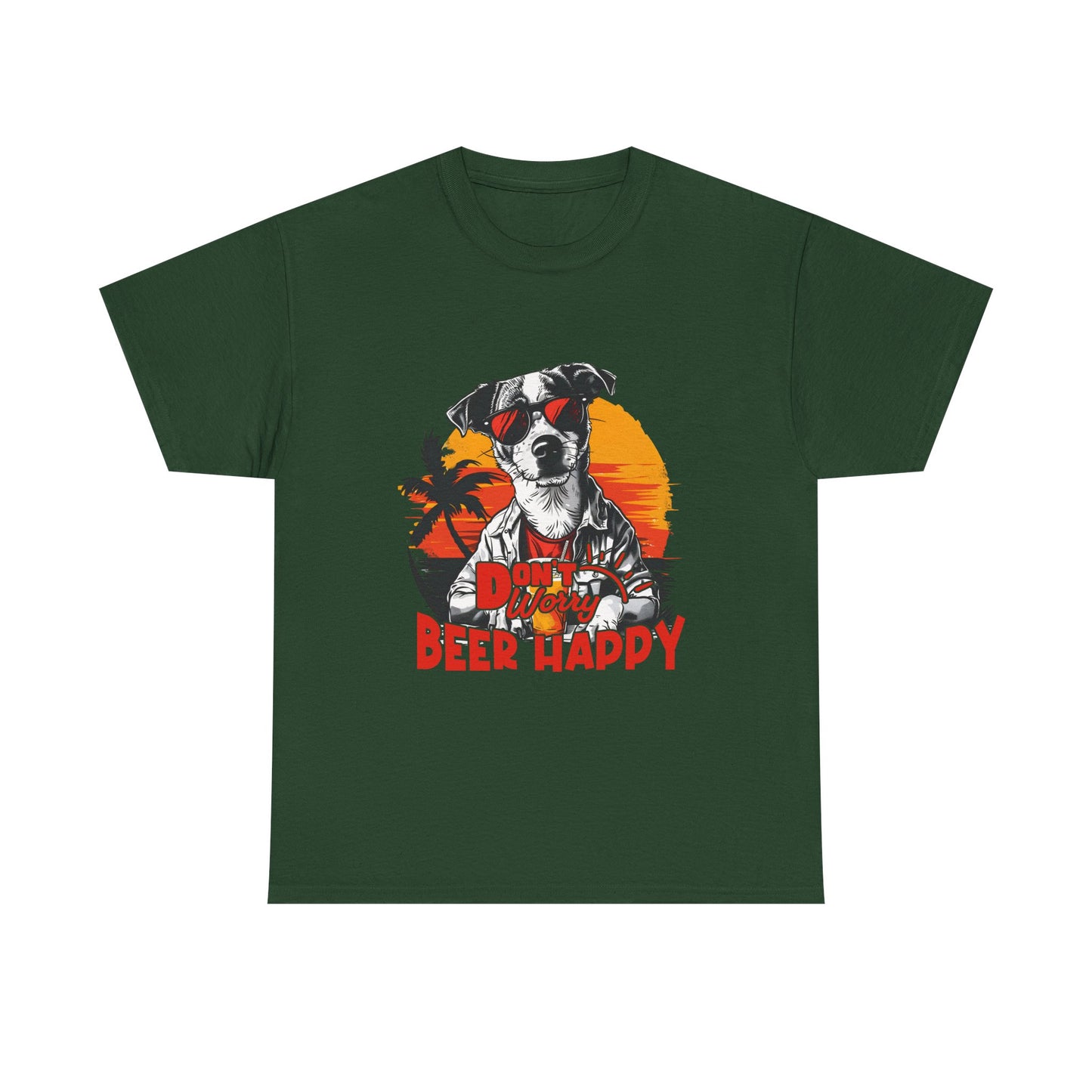 Dog With Beer T-Shirt - "Don't Worry Beer Happy" Retro Sunset Tee