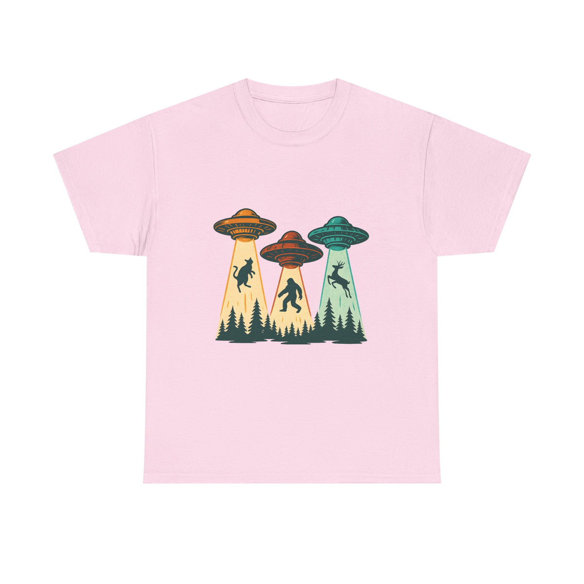 Alien Abduction UFO Tee — Retro Forest Beams T‑Shirt