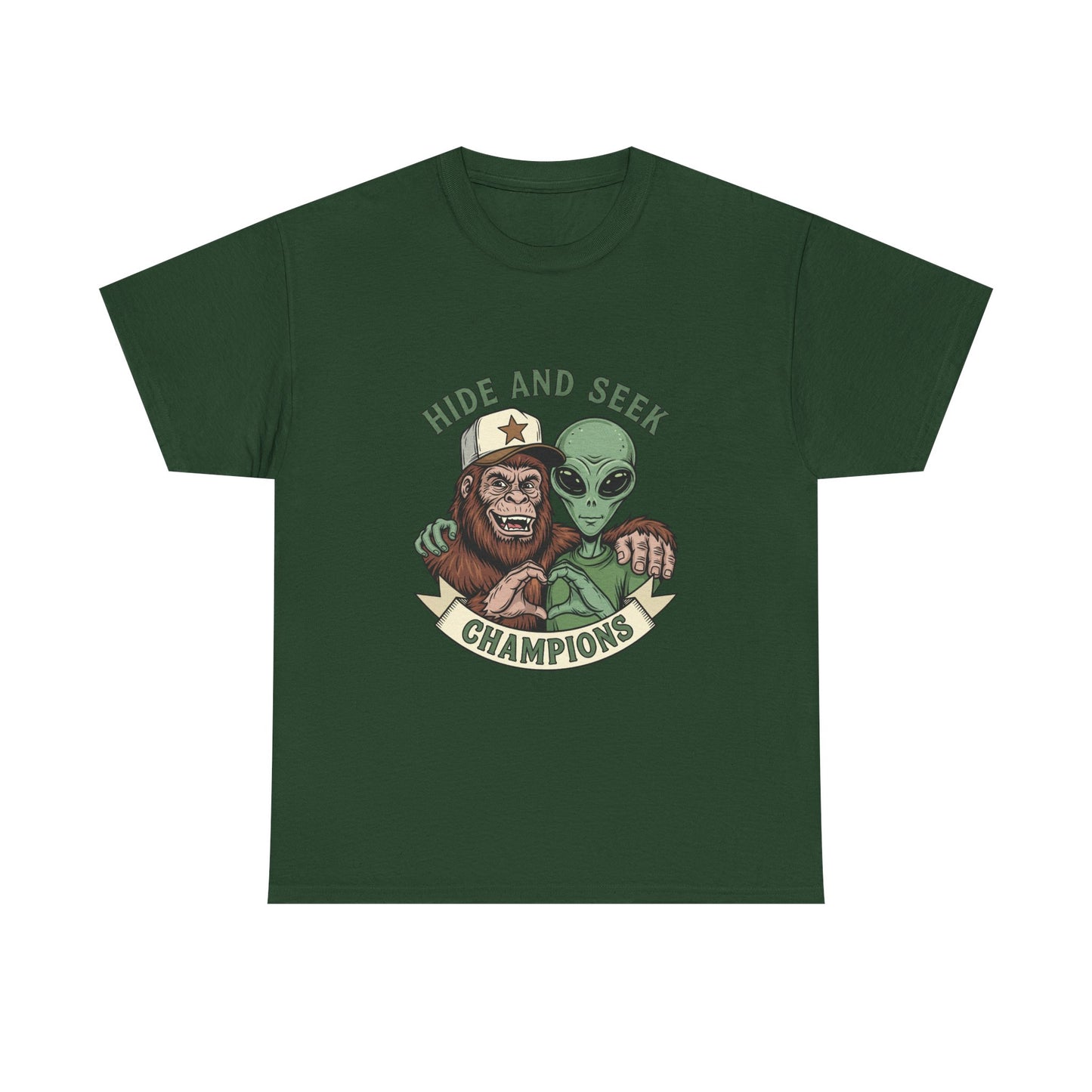 Hide and Seek Champions T-Shirt — Bigfoot & Alien Graphic Tee