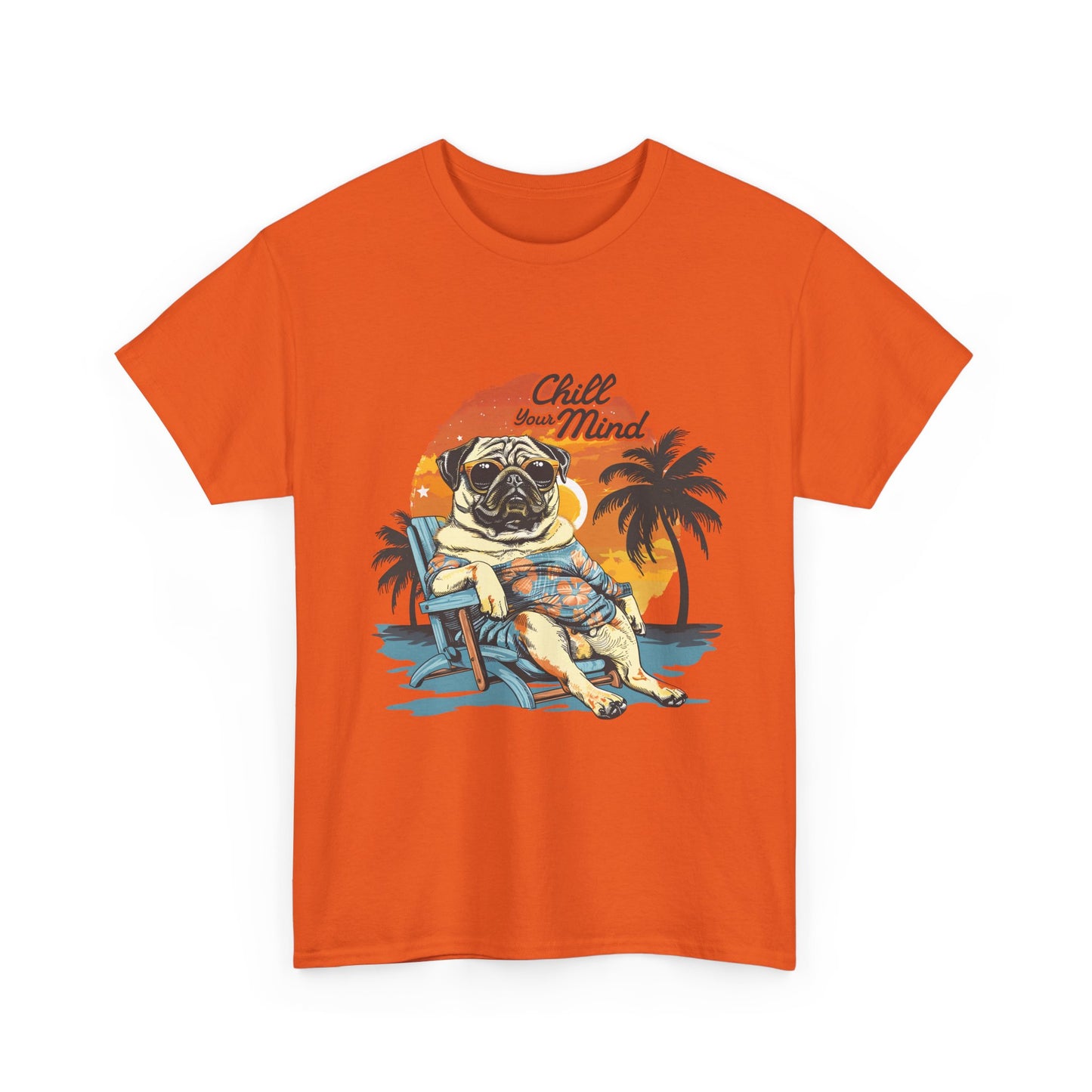 Chill Mind Pug Beach Tee — Retro Palm Sunset Vacation T‑Shirt