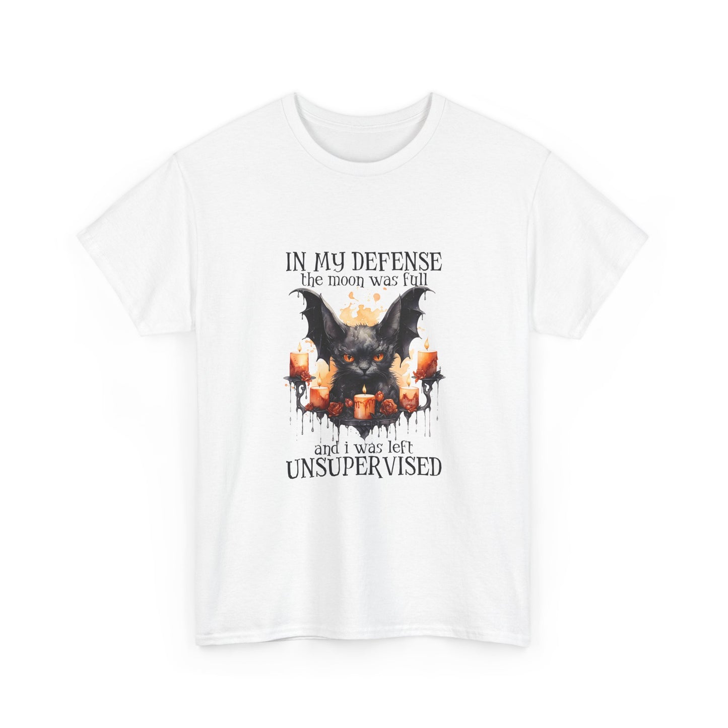Bat Candle Tee - "In My Defense the Moon Was Full" Halloween Graphic T-Shirt