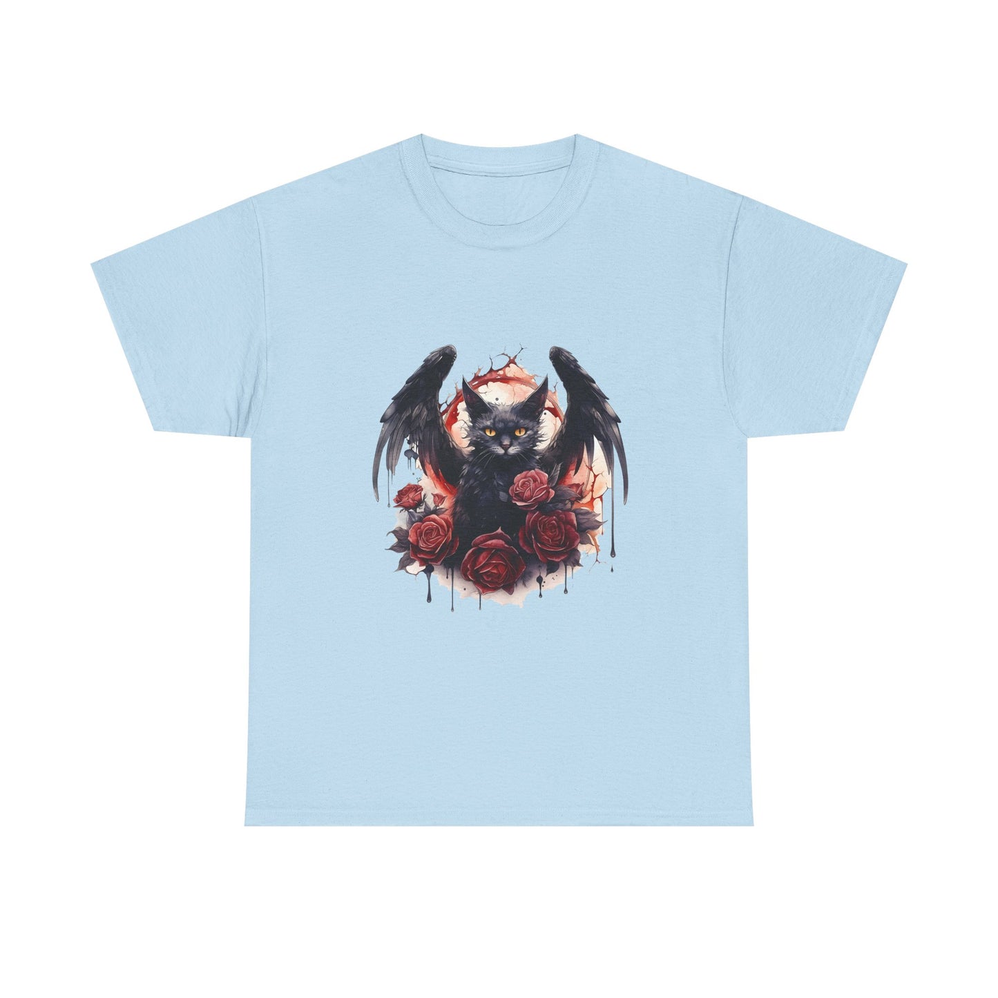 Cat Demon Tee — Gothic Bat-Wing Cat with Roses Graphic Shirt
