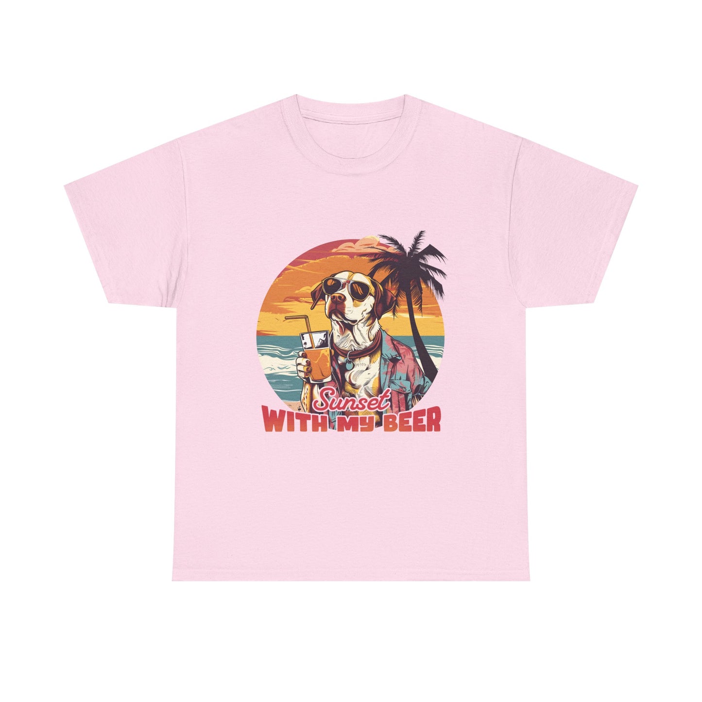 T-Shirt — Sunset With My Beer Dog Graphic Tee — Retro Tropical Beach Vibes