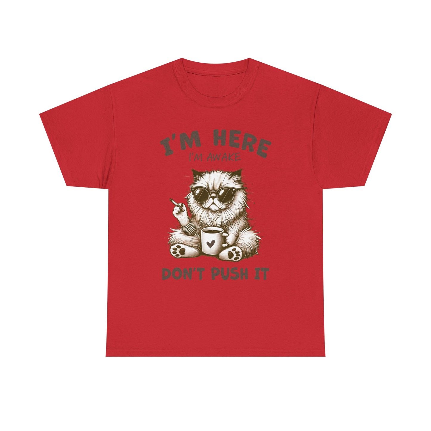 I'm Here I'm Awake Don’t Push It Cat T-Shirt — Funny Coffee Cat Tee for Cat Lovers