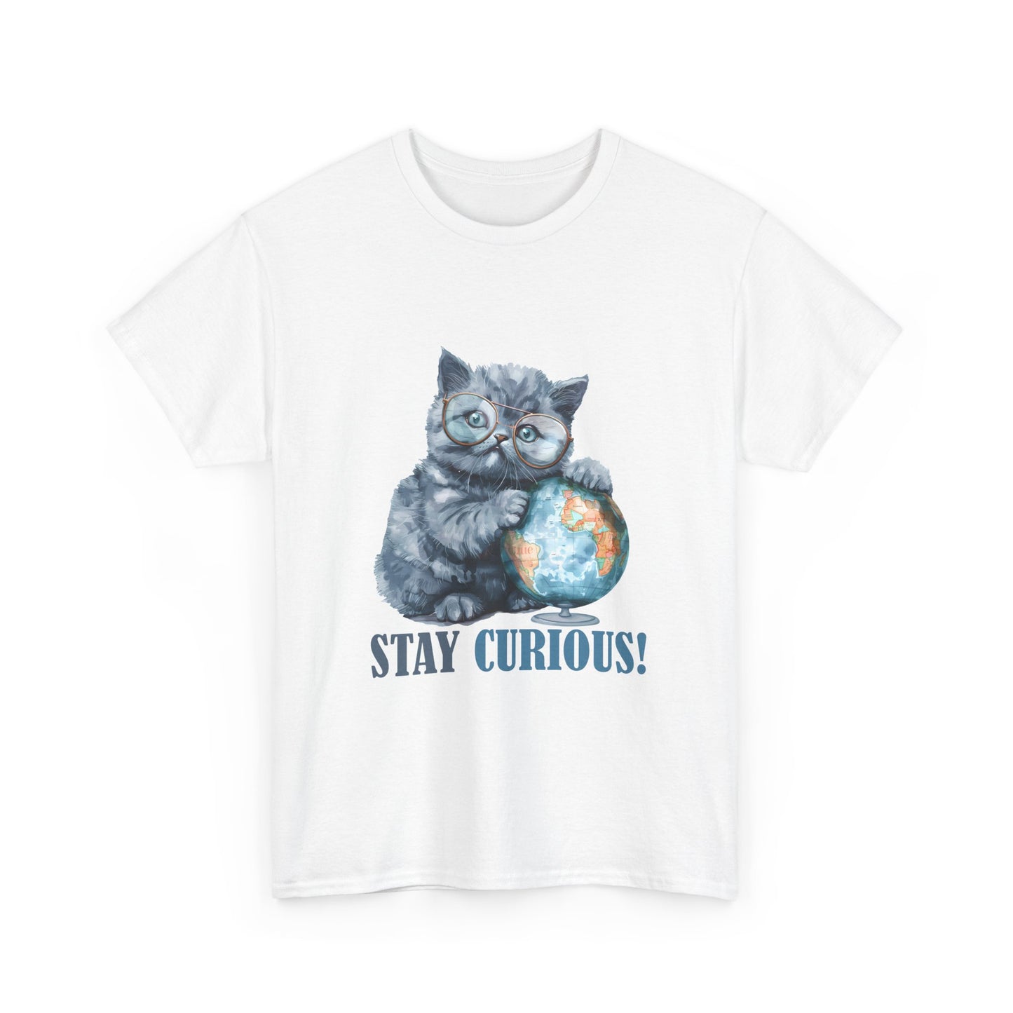 Cat & Globe T-Shirt — "Stay Curious!" Cute Explorer Kitten Tee