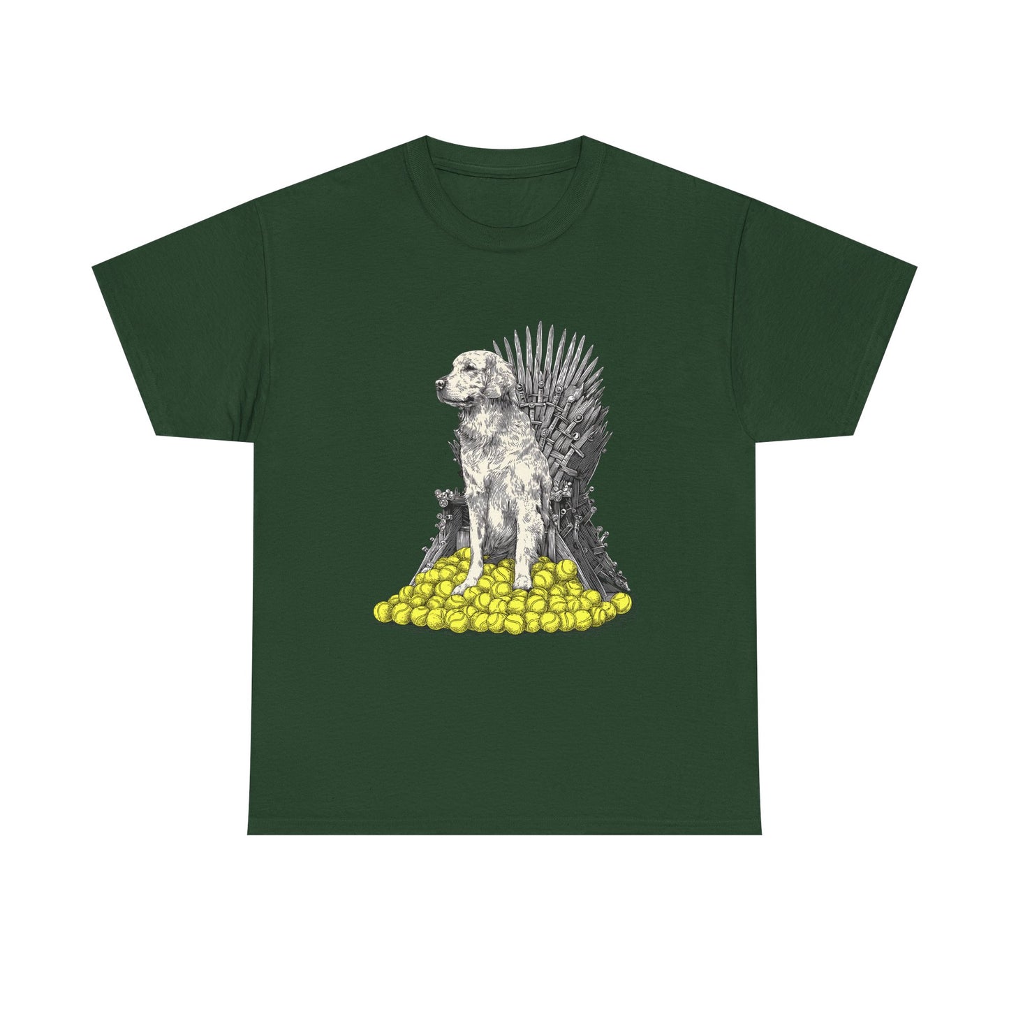Dog Throne T‑Shirt — Dog on Iron Throne of Tennis Balls Graphic Tee
