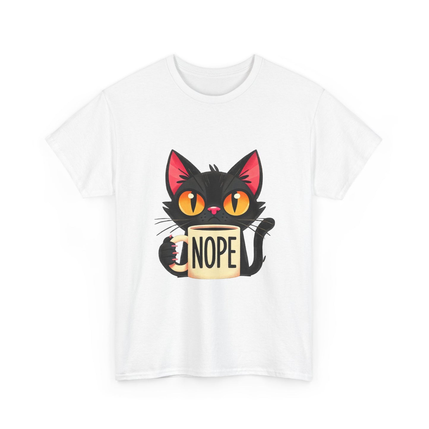 Cat 'Nope' T-Shirt — Cute Black Cat Holding 'NOPE' Mug Graphic Tee